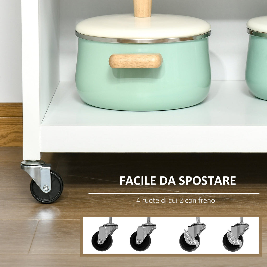 Multiuse saving kitchen cart with drawer, locker and 4 wheels, in white wood, 67x48x86.5cm - white - Borgè