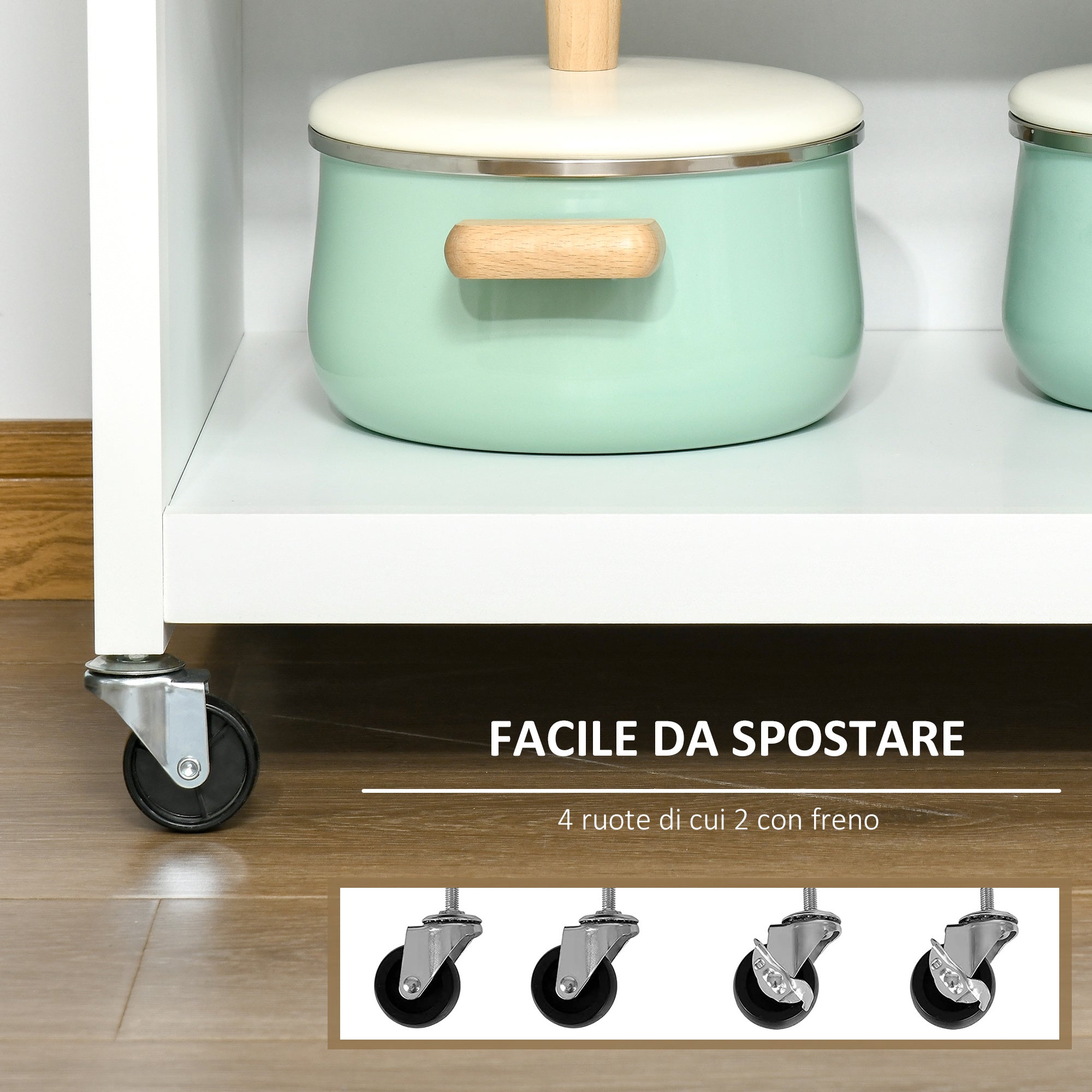 Multiuse saving kitchen cart with drawer, locker and 4 wheels, in white wood, 67x48x86.5cm - white - Borgè