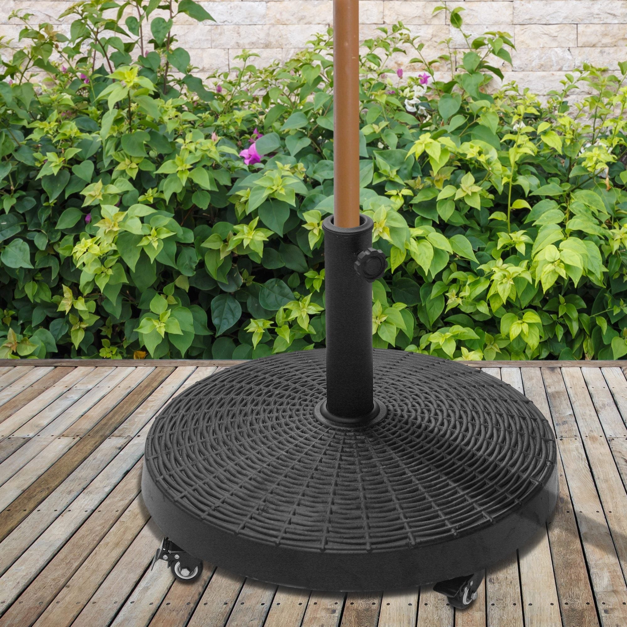 Round Garden Umbrella Base with 4 Wheels and Brakes, Metal and Resin Umbrella Base, for Ø38/48 mm Umbrella Poles, Ø52x41 cm, Black - Borge' Group Limited