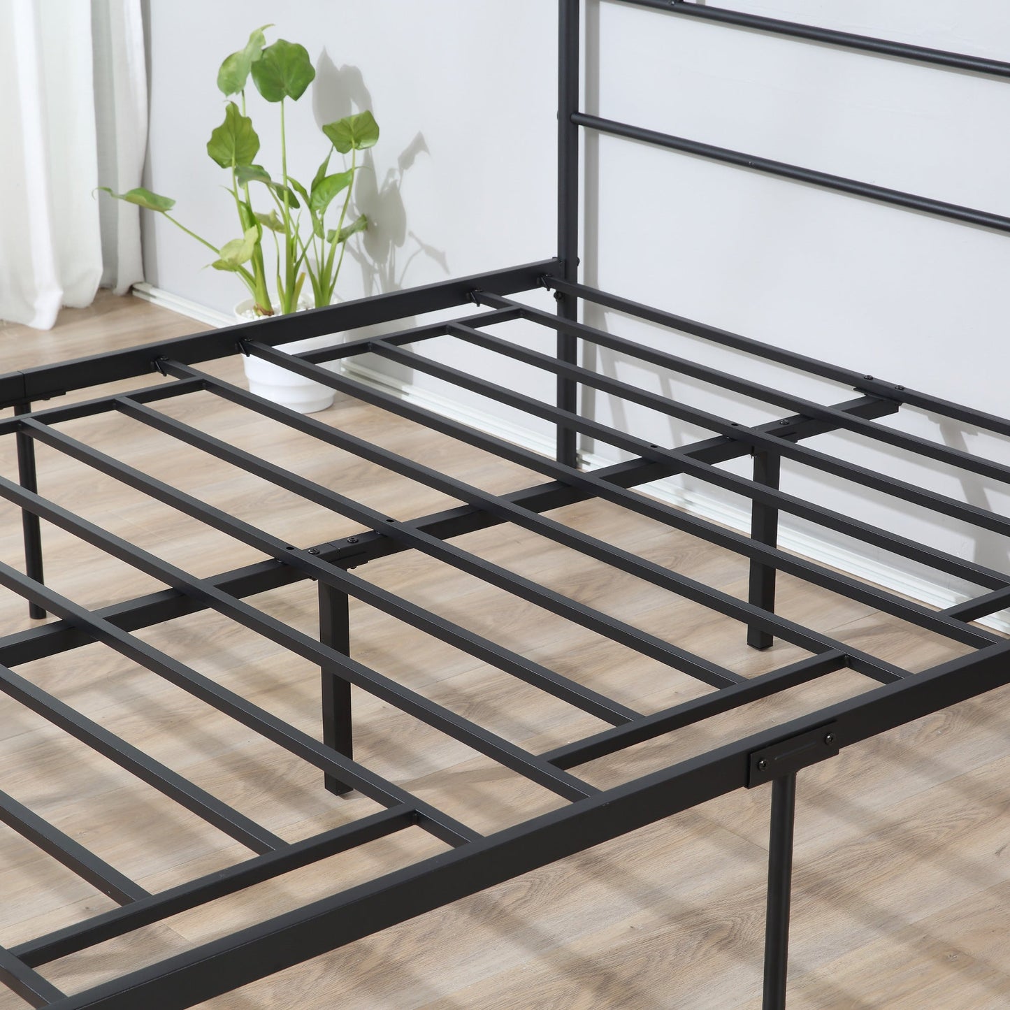 Black Double Bed in Metal/Steel | 160x200cm with Slats, headboard and footboard