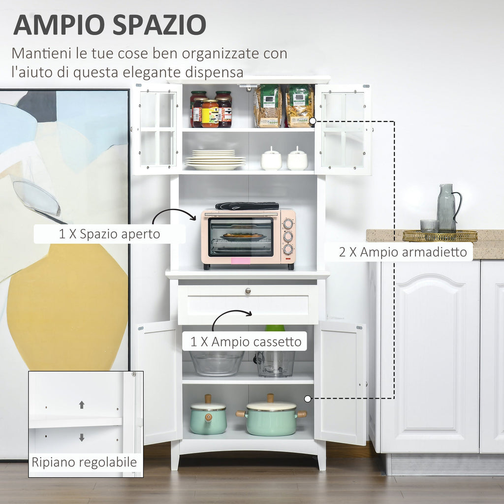 Mobile pantry with 2 cabinets, adjustable shelves and support surfaces, in MDF, 68.6x40x164 cm, white - Borgè