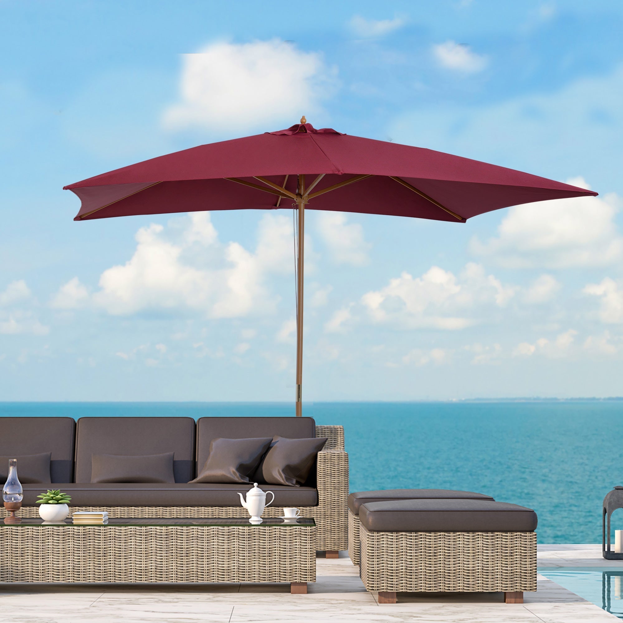 2x3m Waterproof Garden Umbrella with 8 Ribs, in Wood and Bamboo, Burgandy - Borge' Group Limited