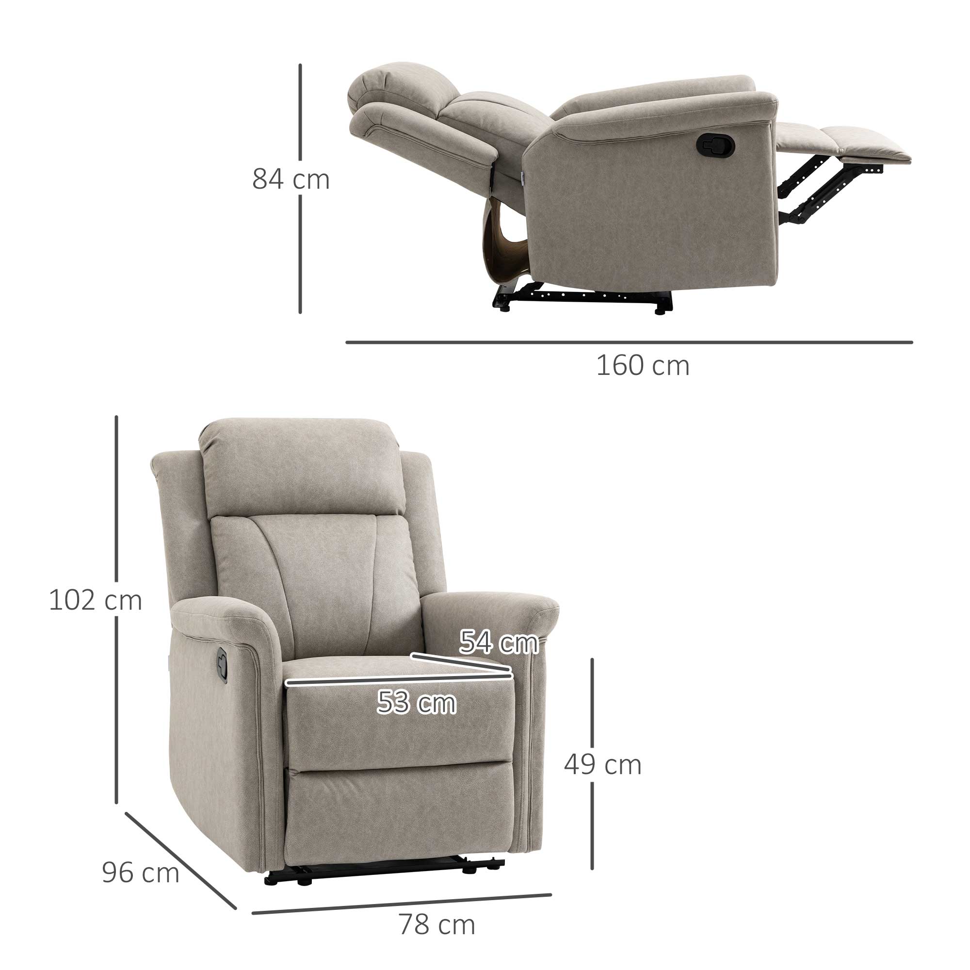 Retlinable armchair manually 135 ° with footrests, headrests and padded armrests, 78x96x102 cm, Grey - Borgè
