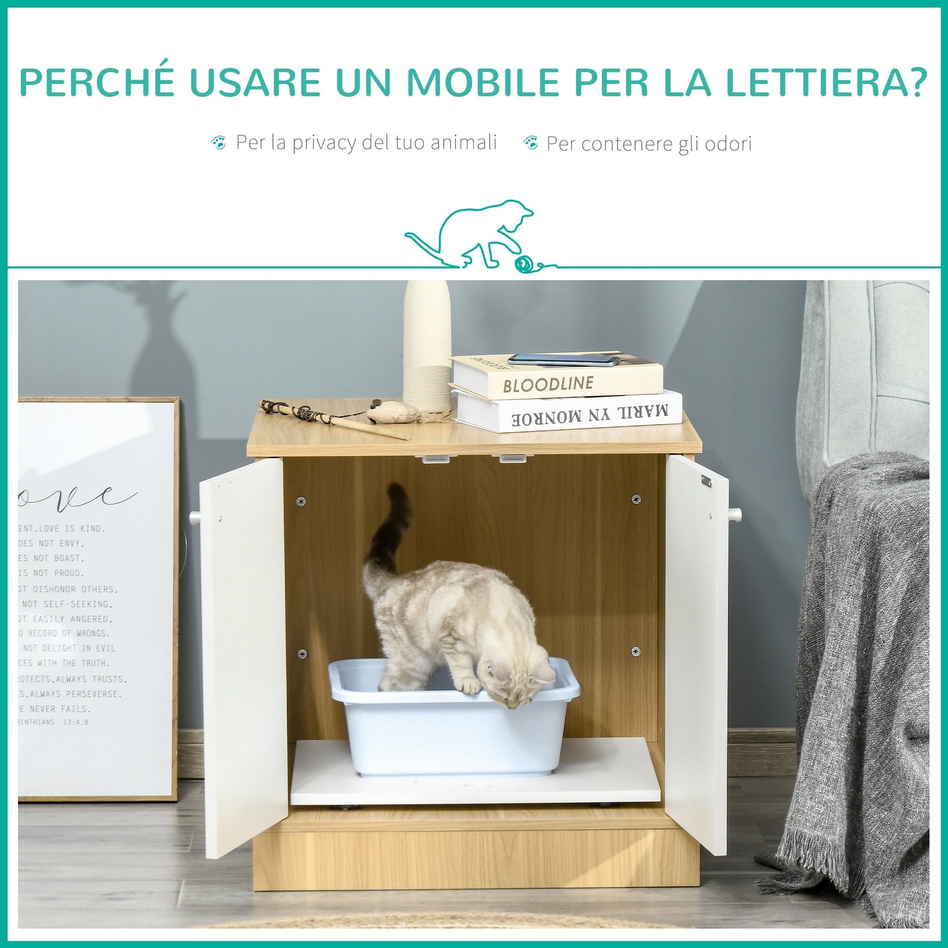 PAWHUT MOBILE WITH GATTI LETTIER WITH 2 ATHS AND FREE INTERNAL WOOD INTERNABLE, 60x55x62.5cm - Wood/White - Borgè