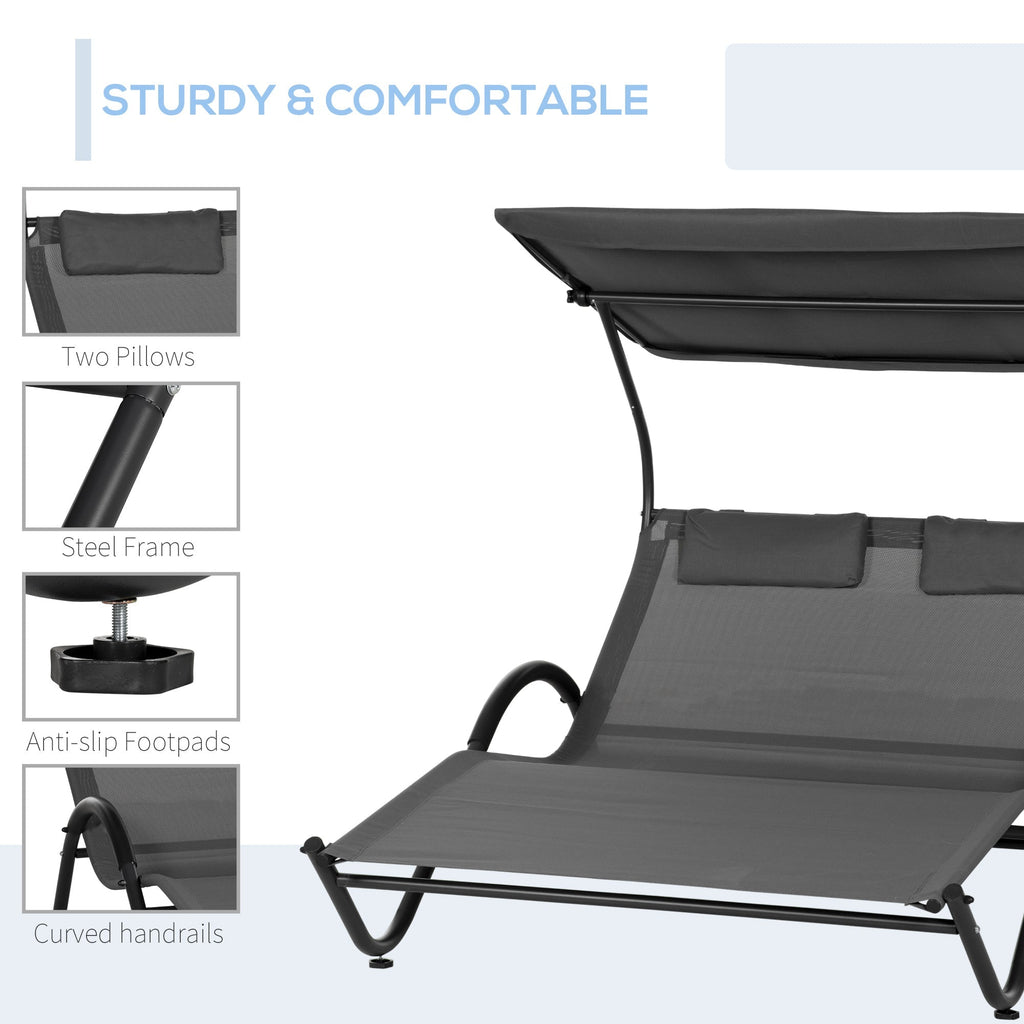 Ultimate Comfort: Deluxe 2-Seater Sun Lounger with Wheels, Padded Headrest, and Roof in Stylish Gray (200x137x138 cm) - Borge' Group Limited