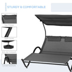 Ultimate Comfort: Deluxe 2-Seater Sun Lounger with Wheels, Padded Headrest, and Roof in Stylish Gray (200x137x138 cm) - Borge' Group Limited