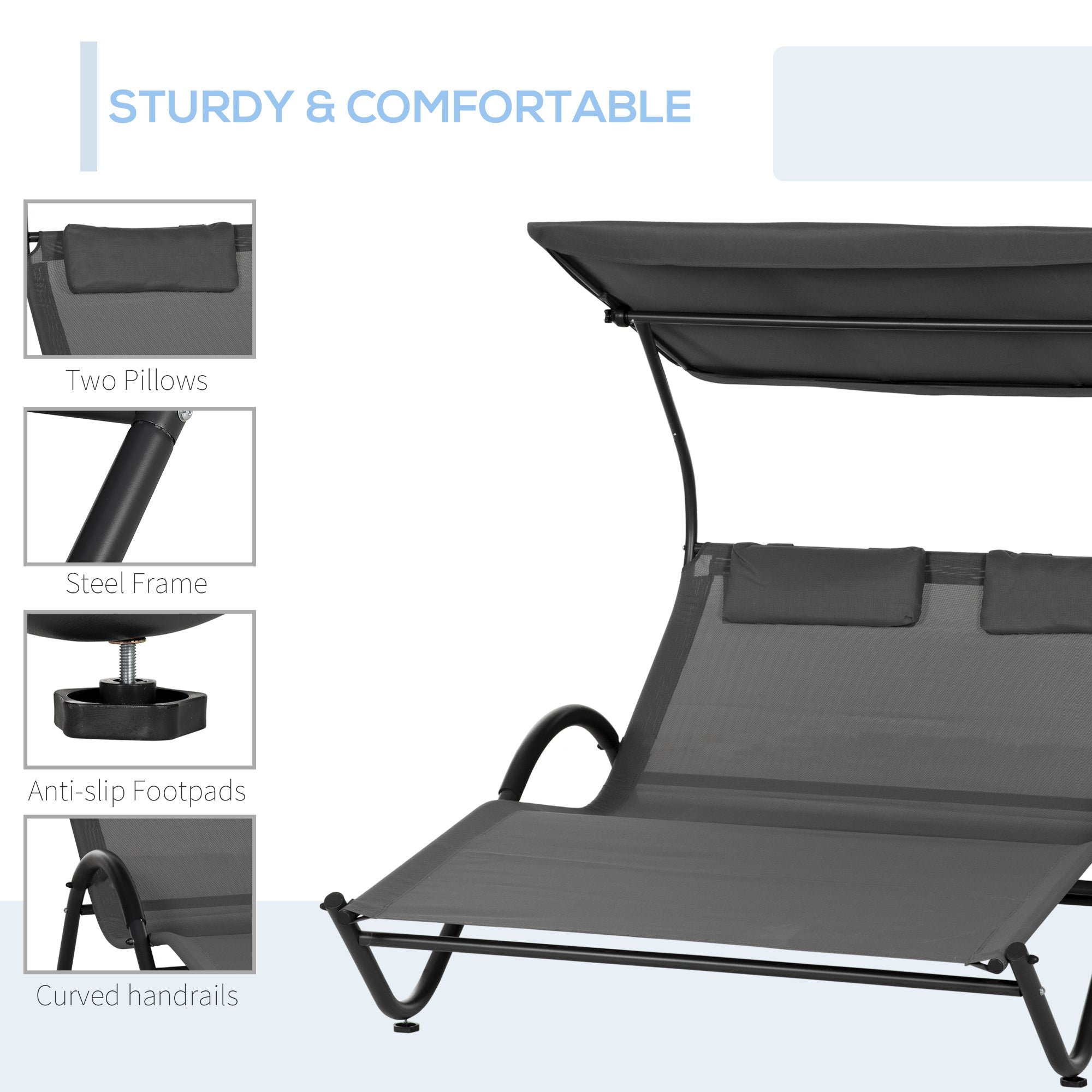 Ultimate Comfort: Deluxe 2-Seater Sun Lounger with Wheels, Padded Headrest, and Roof in Stylish Gray (200x137x138 cm) - Borge' Group Limited