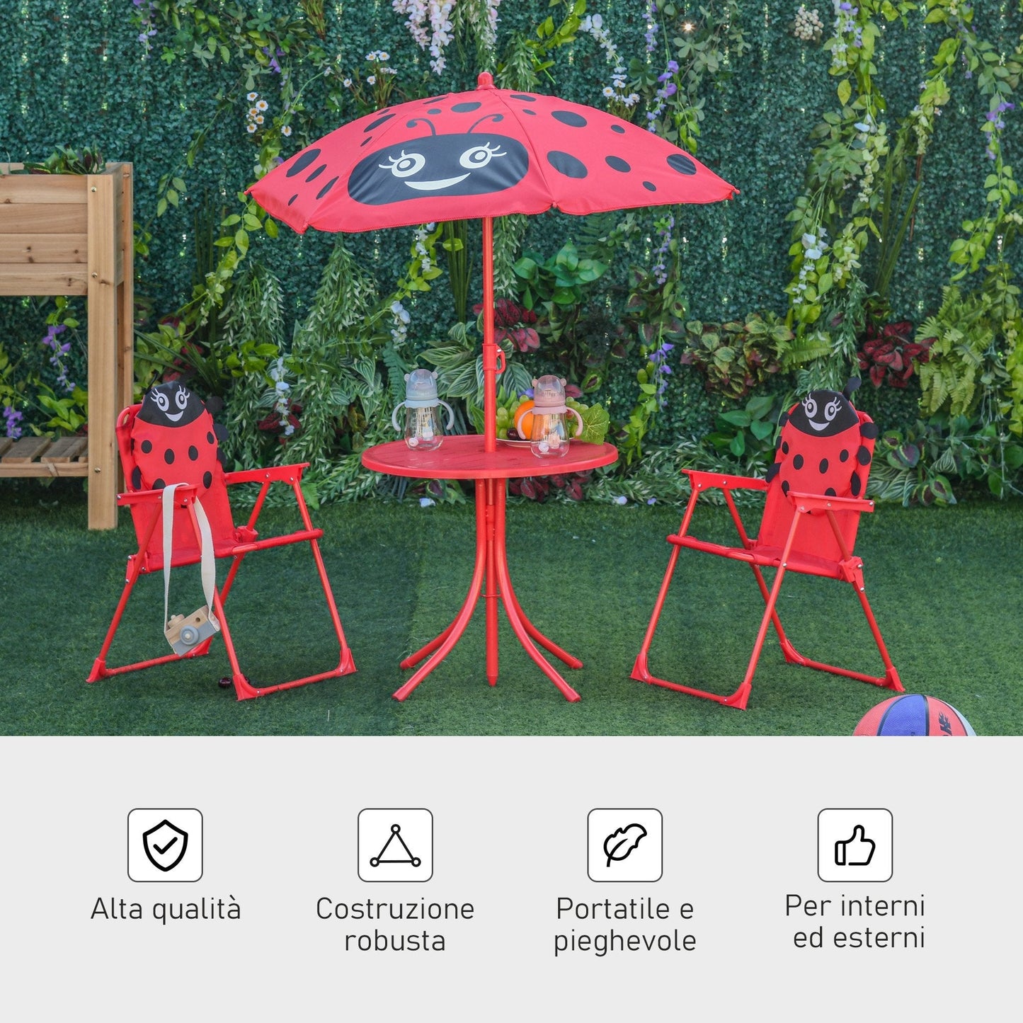 Outsunny Garden Table Set with 2 folding chairs and umbrella for children's ladybugs - Borgè