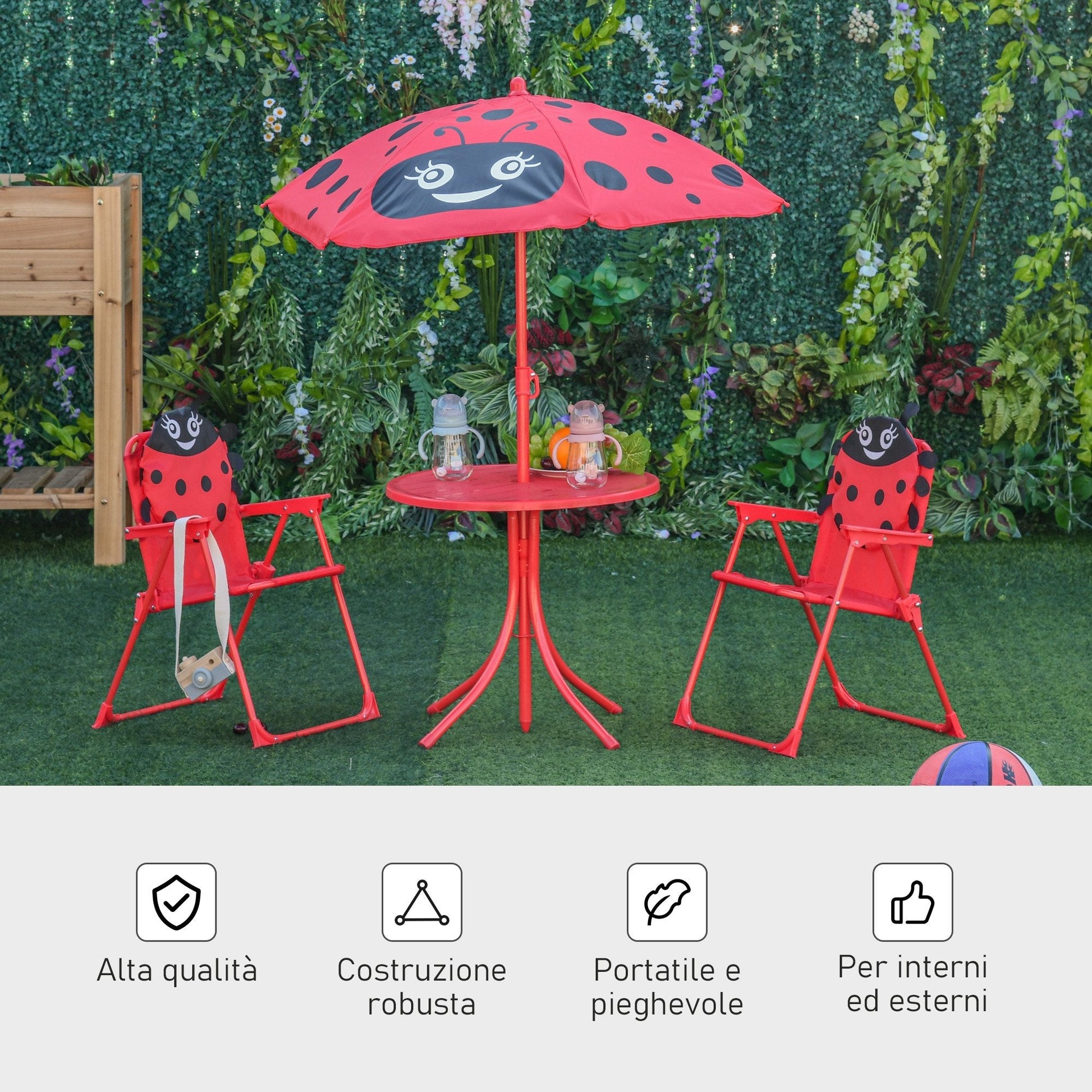 Outsunny Garden Table Set with 2 folding chairs and umbrella for children's ladybugs - Borgè