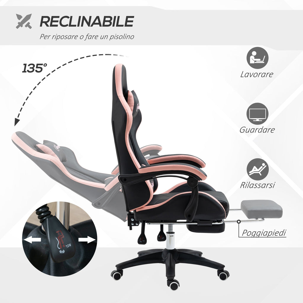 Pink and black gaming chair with adjustable height and reclining height, 65x65x121-129 cm - Borgè