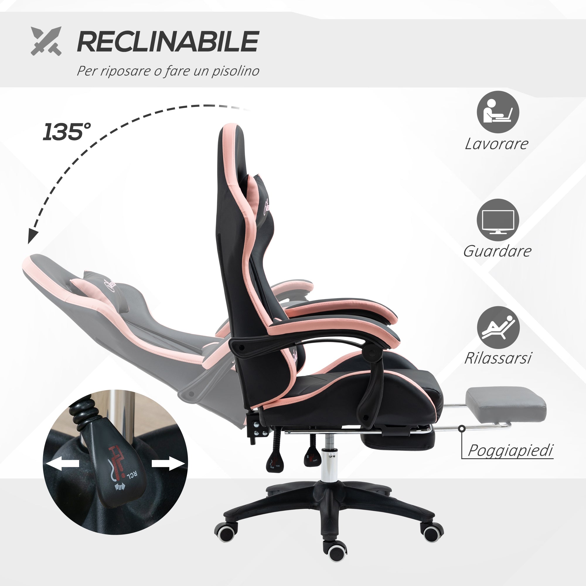 Pink and black gaming chair with adjustable height and reclining height, 65x65x121-129 cm - Borgè