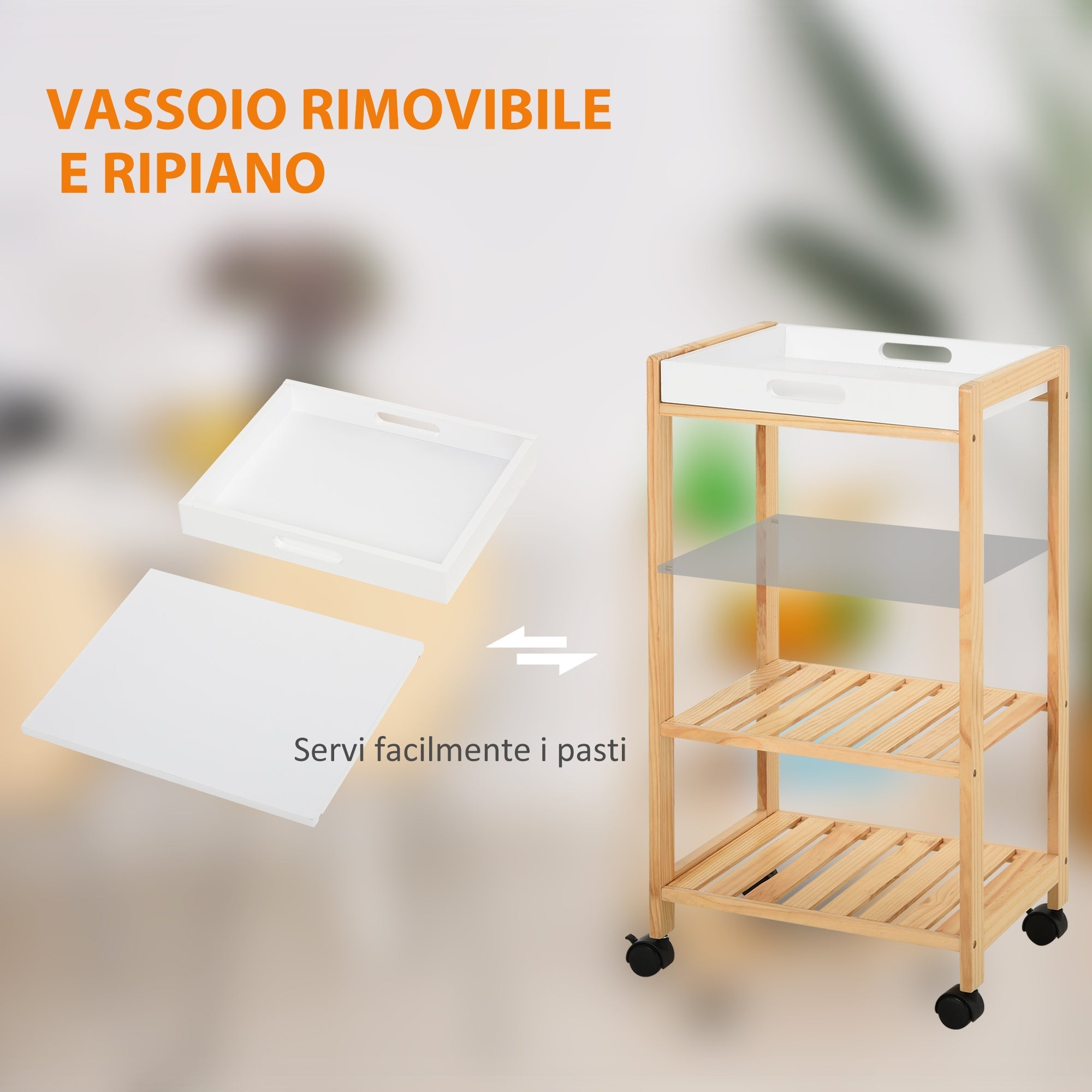 Wooden Trolley on 4 Level Kitchen Trolley in Pine wood and 4 swivel wheels | 40x30x76 cm - Borgè