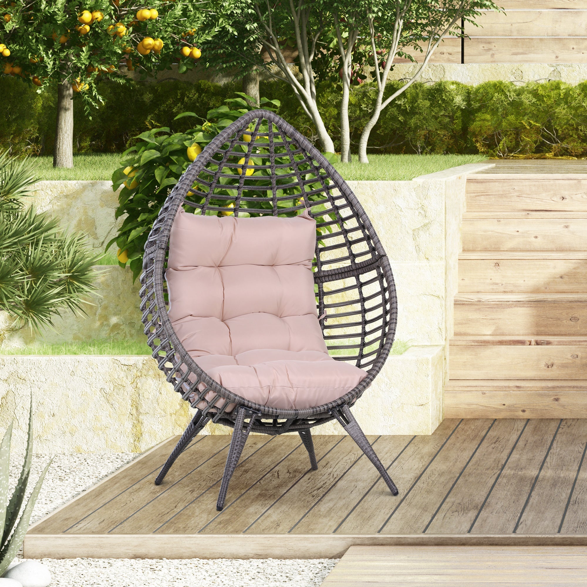 DROPPA | Boho Teardrop Rattan Outdoor Lounge Chair with Cushion, 101x89x156cm Grey and Beige - Borge' Group Limited
