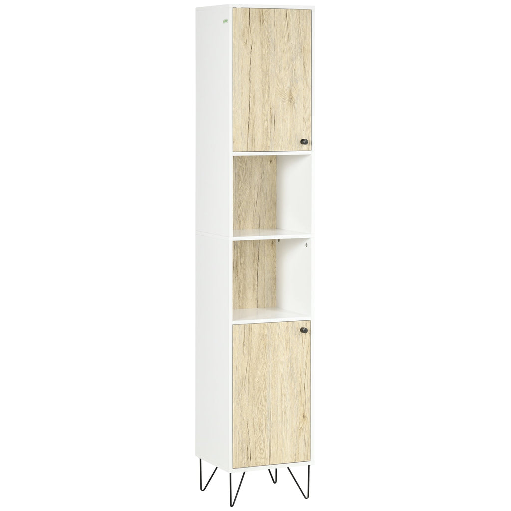 Kleankin Bathroom column with 2 open shelves and 2 shades in chipboard, 30x31.5x169 cm, white and wooden color - Borgè