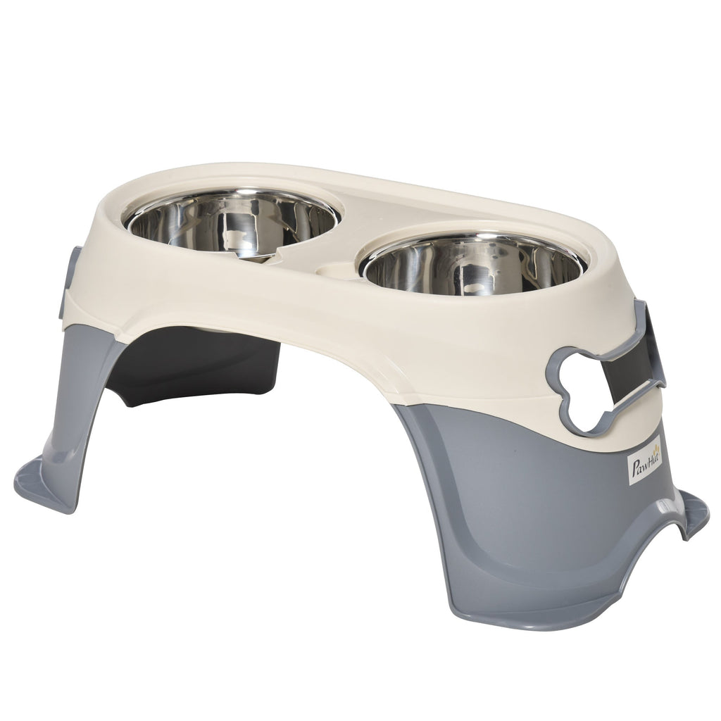 Double Raised Dog Bowl in Stainless Steel and Plastic with Non-Slip Feet, 47x25x20cm, White and Grey - Borge' Group Limited