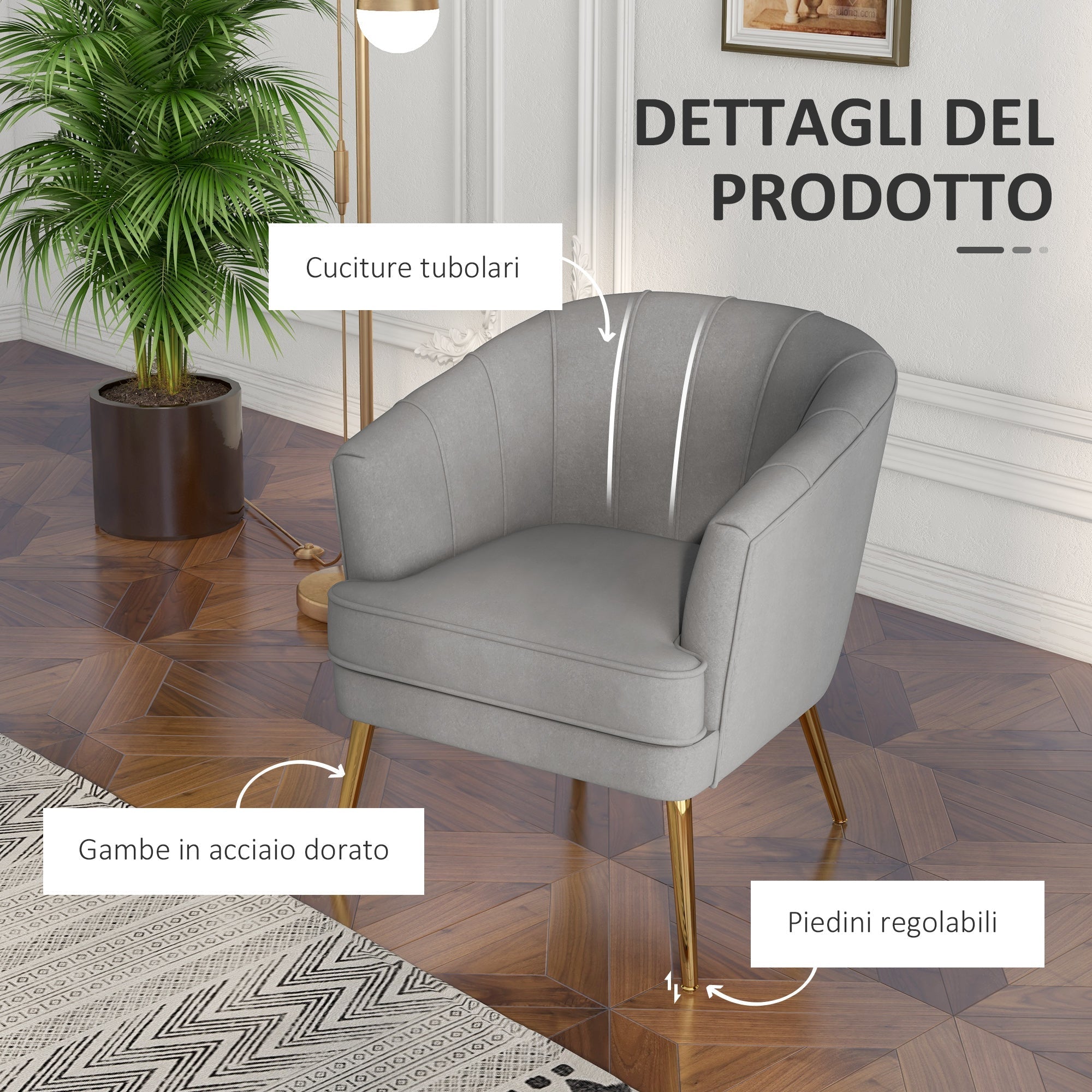 Homcom velvet armchair with golden legs in polyester and steel legs, 71x72x75cm, gray - Borgè