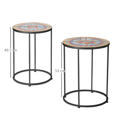 Outsunny garden set 2 metal and ceramic garden tables with mosaic top, ф41x53cm and ф36x49.5cm - Borgè