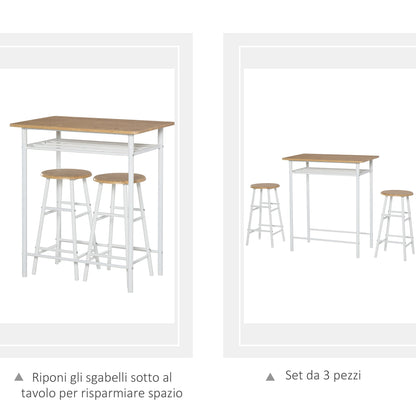 Set Bar counter with 2 high north -style wooden stools, high table with shelf and kitchen stools with footrests, white - Borgè