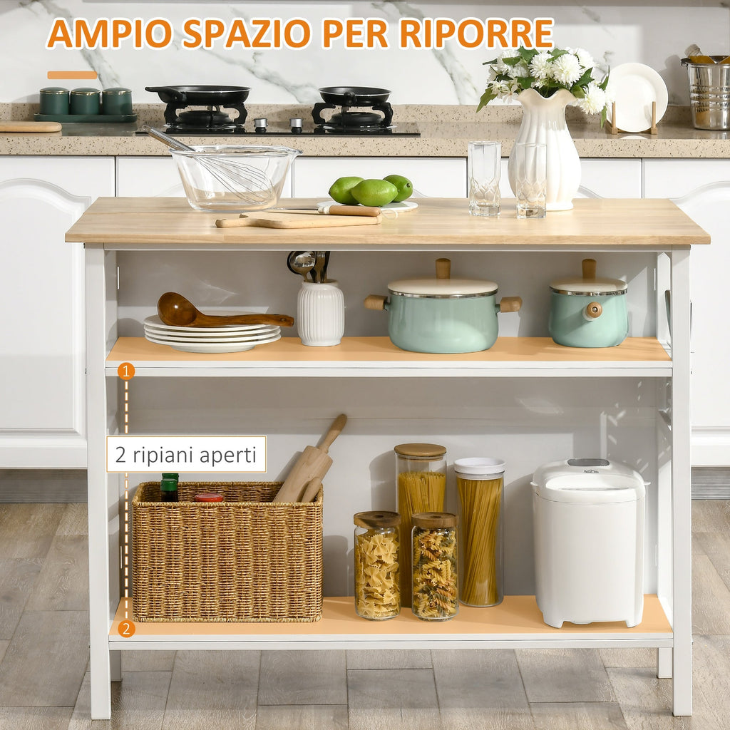 Homcom island kitchen with folding work surface and 2 wooden shelves and steel, 120x76x91.5cm, white - Borgè