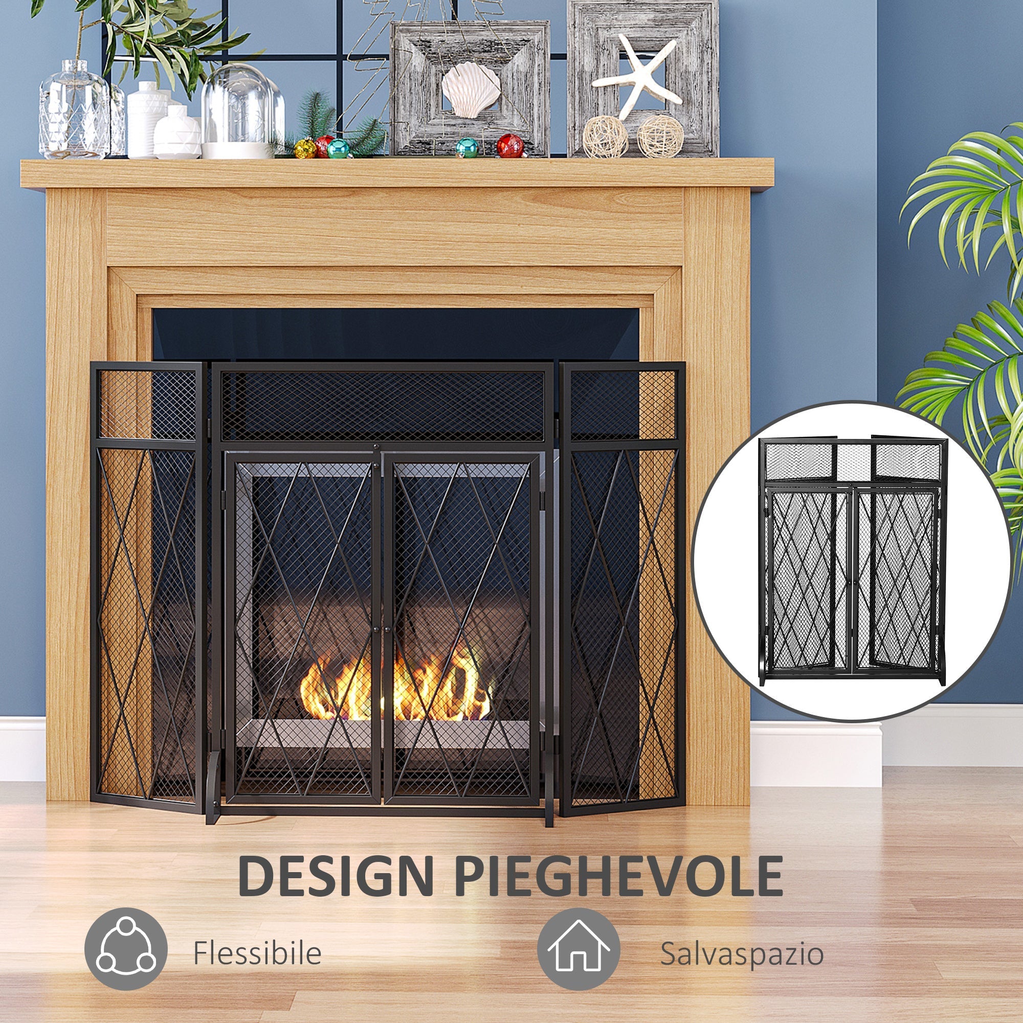 Metal Fireplace Fireplace Parascints with 3 Folding Panels and 2 Doors, 120x11.5x79cm - Black - Borgè