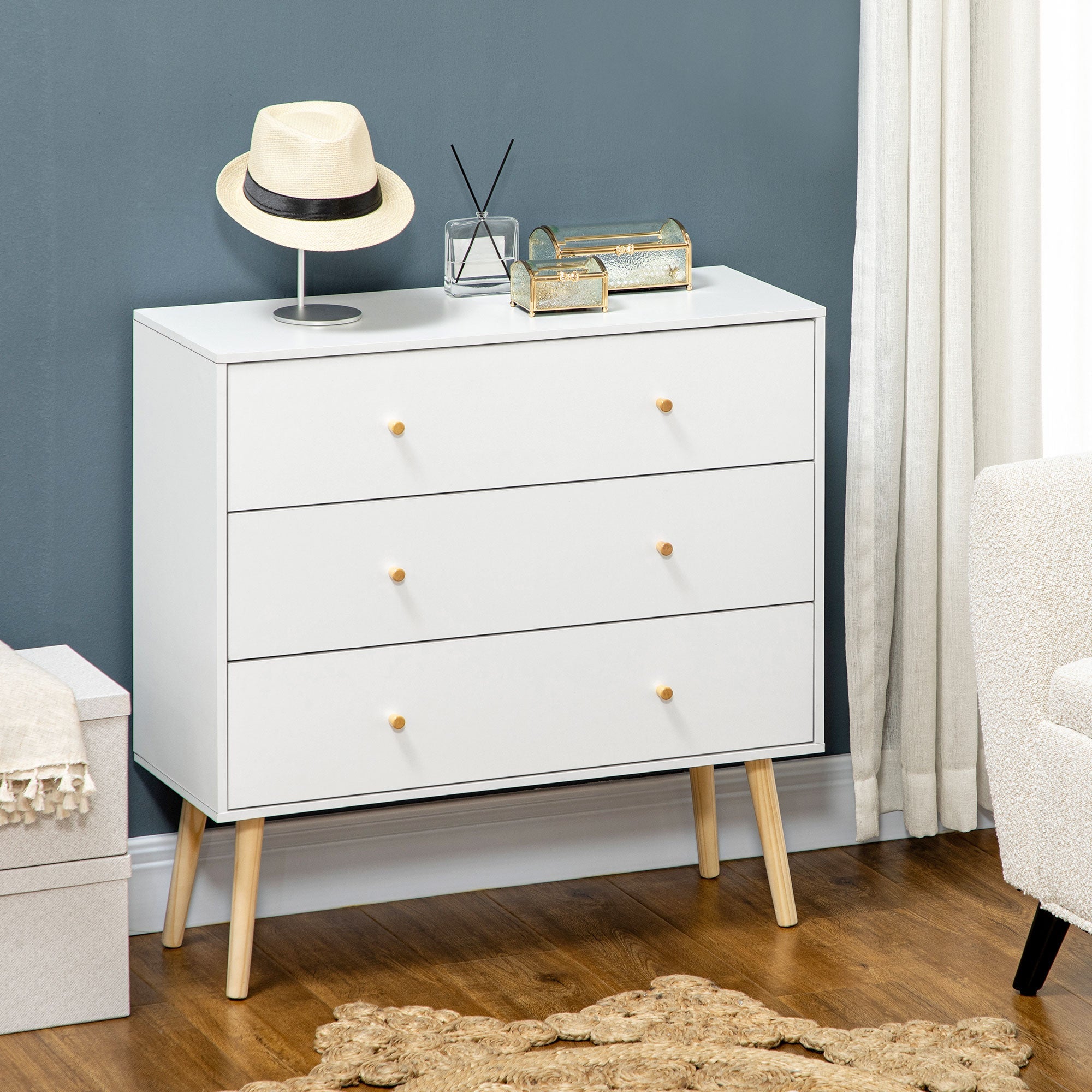 chest of drawers 3 drawers with chipped handles and pine wood for living room and room, 80x30x80 cm, white - Borgè