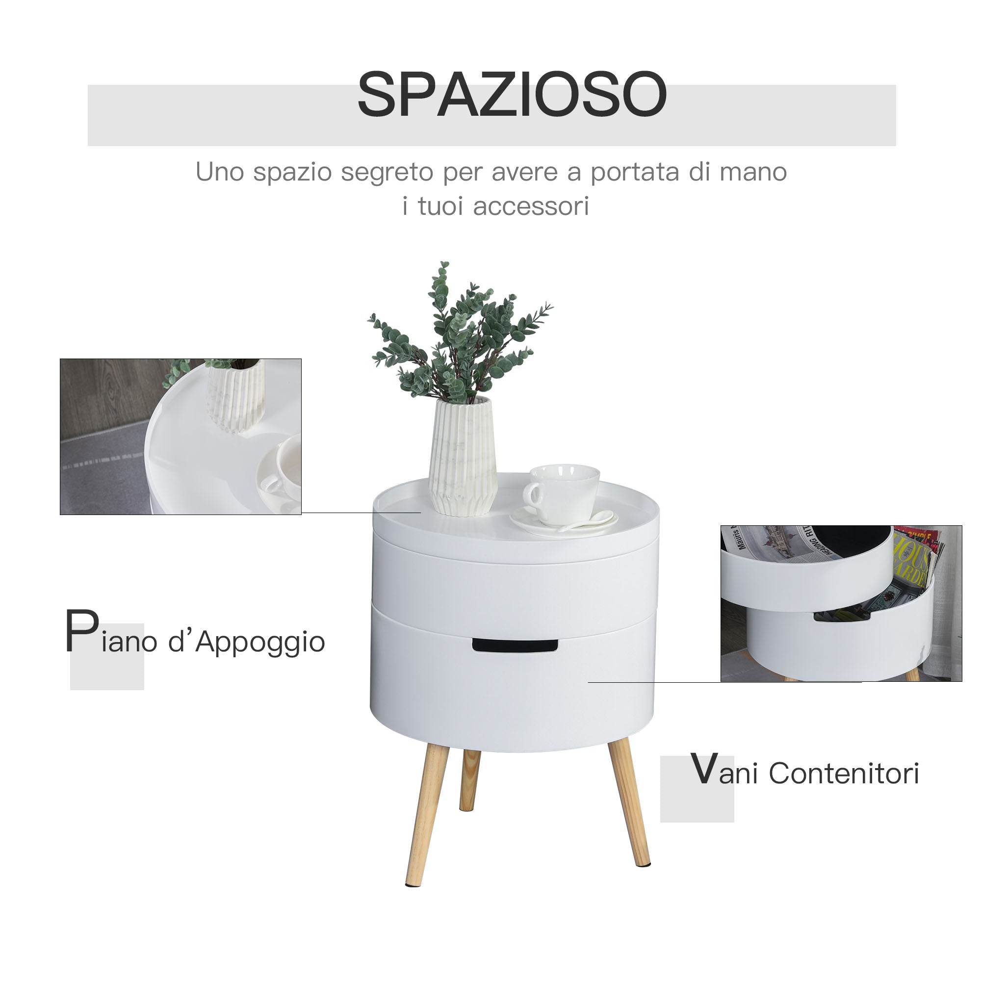 Round coffee table with rotation opening and removable white wood tray - Borgè