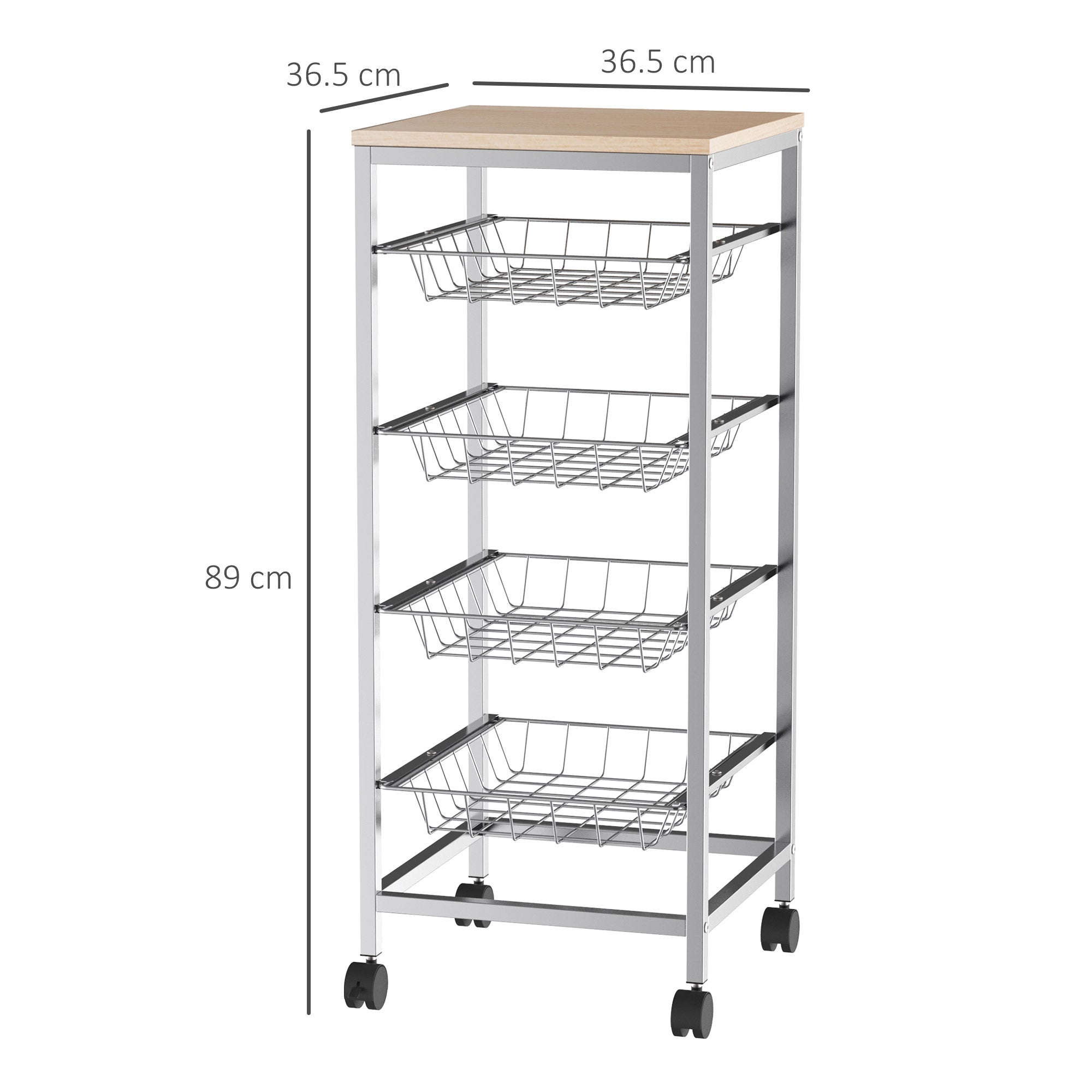 Kitchen Cart with removable steel and wheels, 36.5x36.5x89cm - Borgè