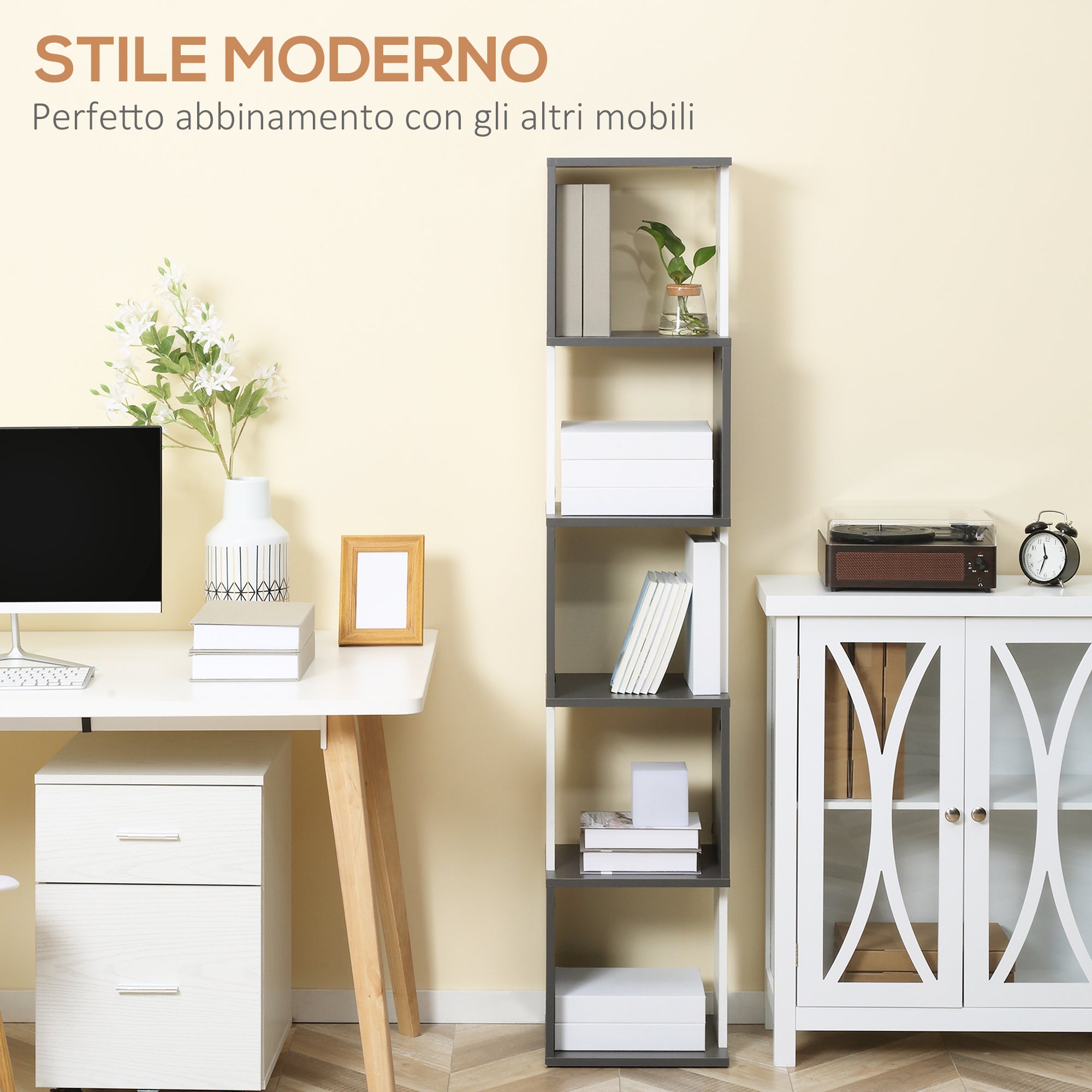Homonda Modern Library Book Dediced 5 Wooden shelves, 33x28x161cm, Grey and White - Borgè