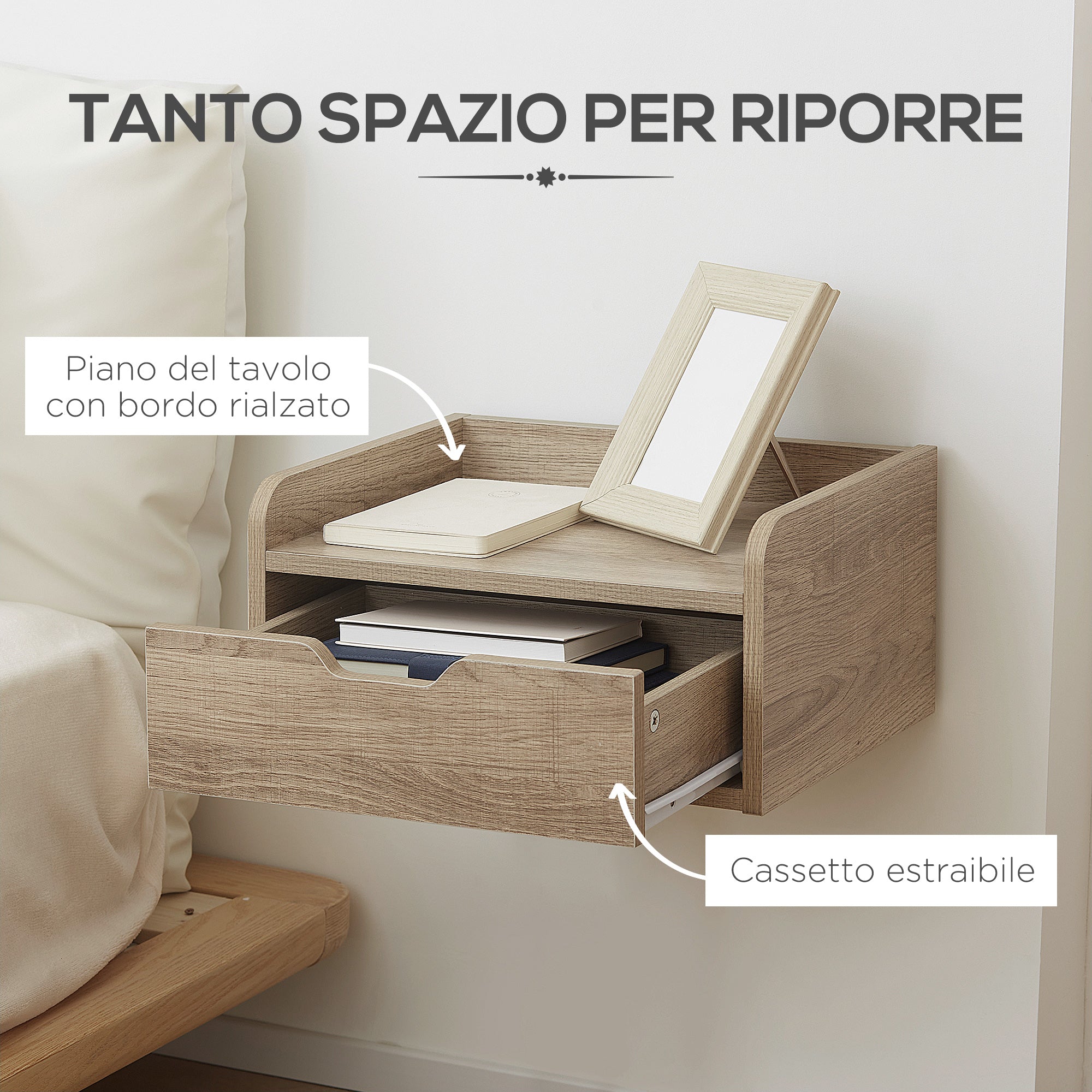 Set 2 bedside tables suspended in chipboard for bedroom and living room, 40x30x19.5 cm - Borgè