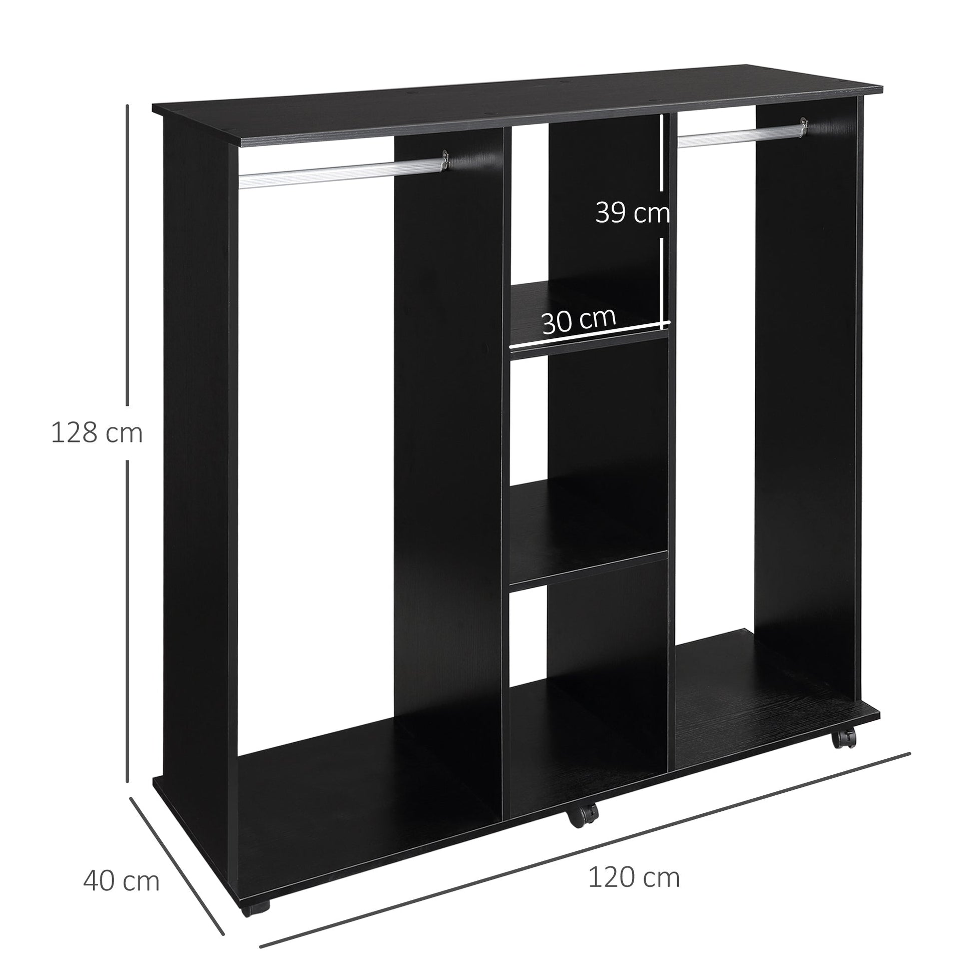 wardrobe wardrobe with 5 shelves with wheels and bars in wood and aluminum, black, 120x40x128cm - Borgè