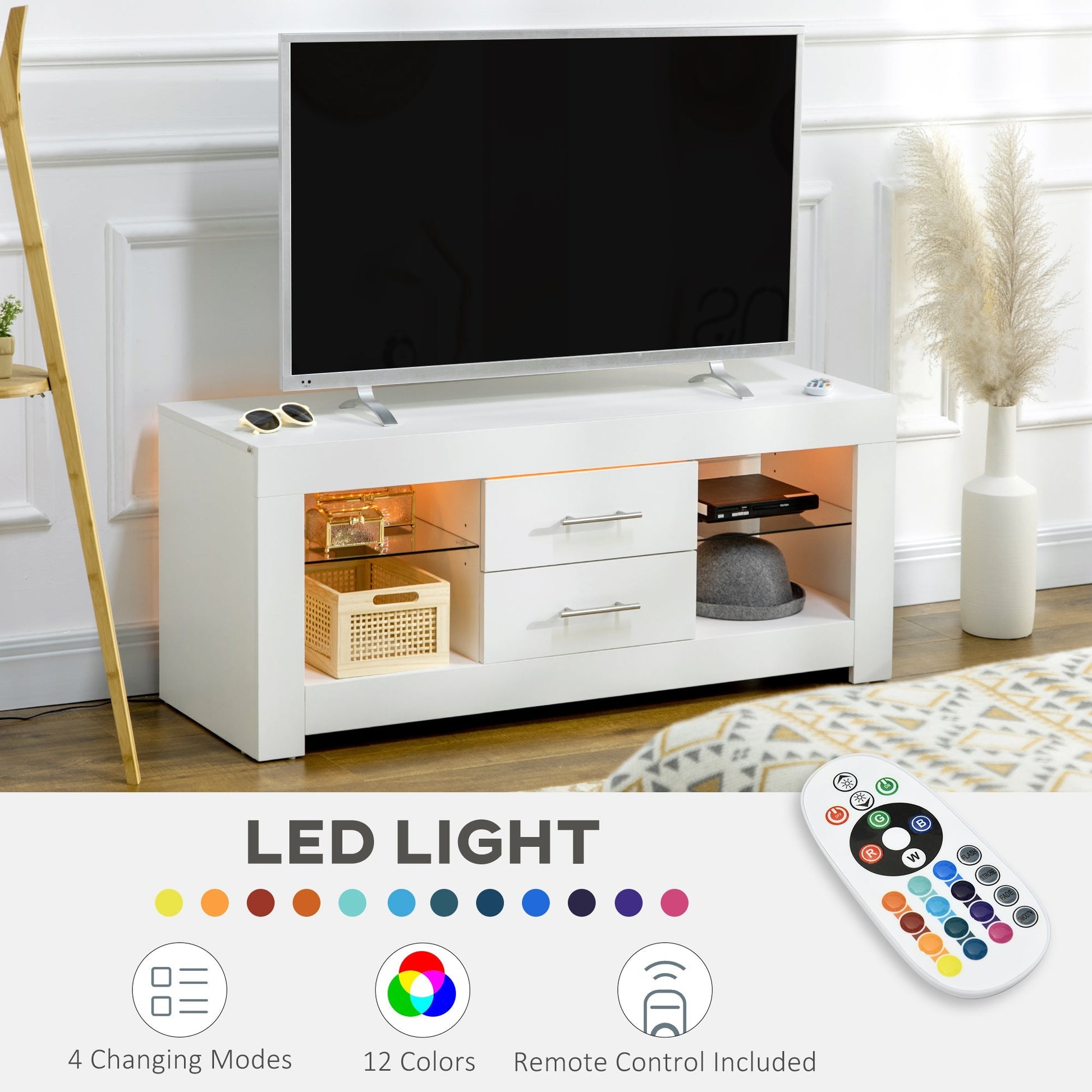 Mobile 55 "TV door with 12 -colored LED lights and remote control, wood and glass 120x40x50cm, white - Borgè