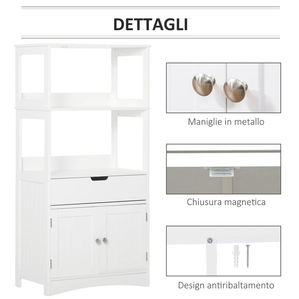 Kleankin Bathroom cabinet with shelves, locker and drawer in wood, white, 60x33x122.5cm - Borgè
