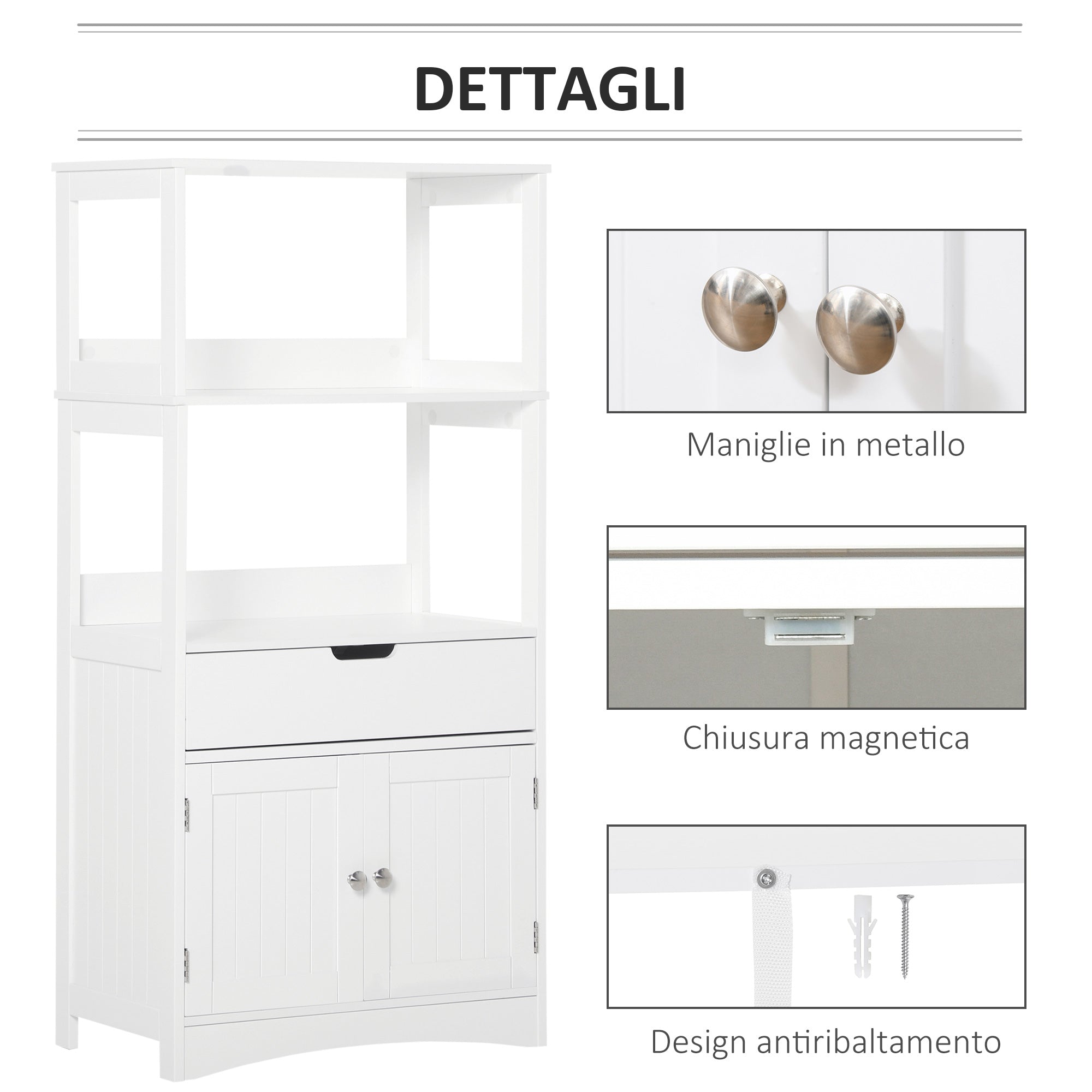 Kleankin Bathroom cabinet with shelves, locker and drawer in wood, white, 60x33x122.5cm - Borgè