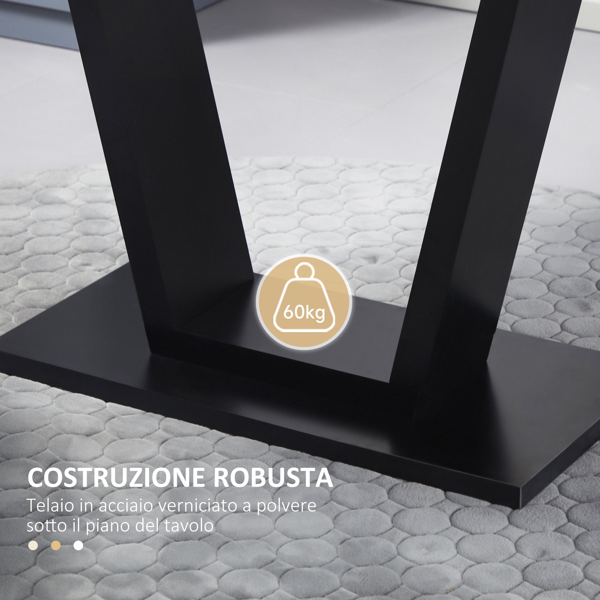 dining table for 4-6 people with marble effect and steel base, 140x80x76cm, black - Borgè