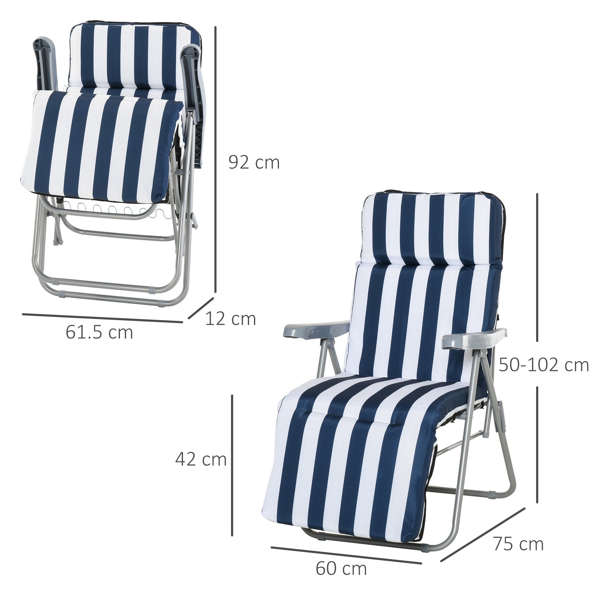 2-Piece Folding and Reclining Outdoor Lounge Chair, Sun Lounger with Padded Cushion, Blue and White - Borge' Group Limited