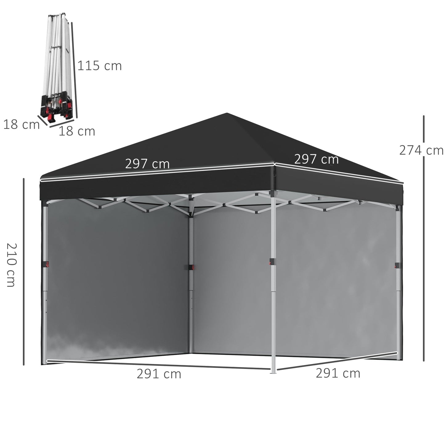 Height-Adjustable Pop Up Foldable Garden Gazebo with 2 Walls and Bag Included, 297x297x274 cm, Black - Borgè