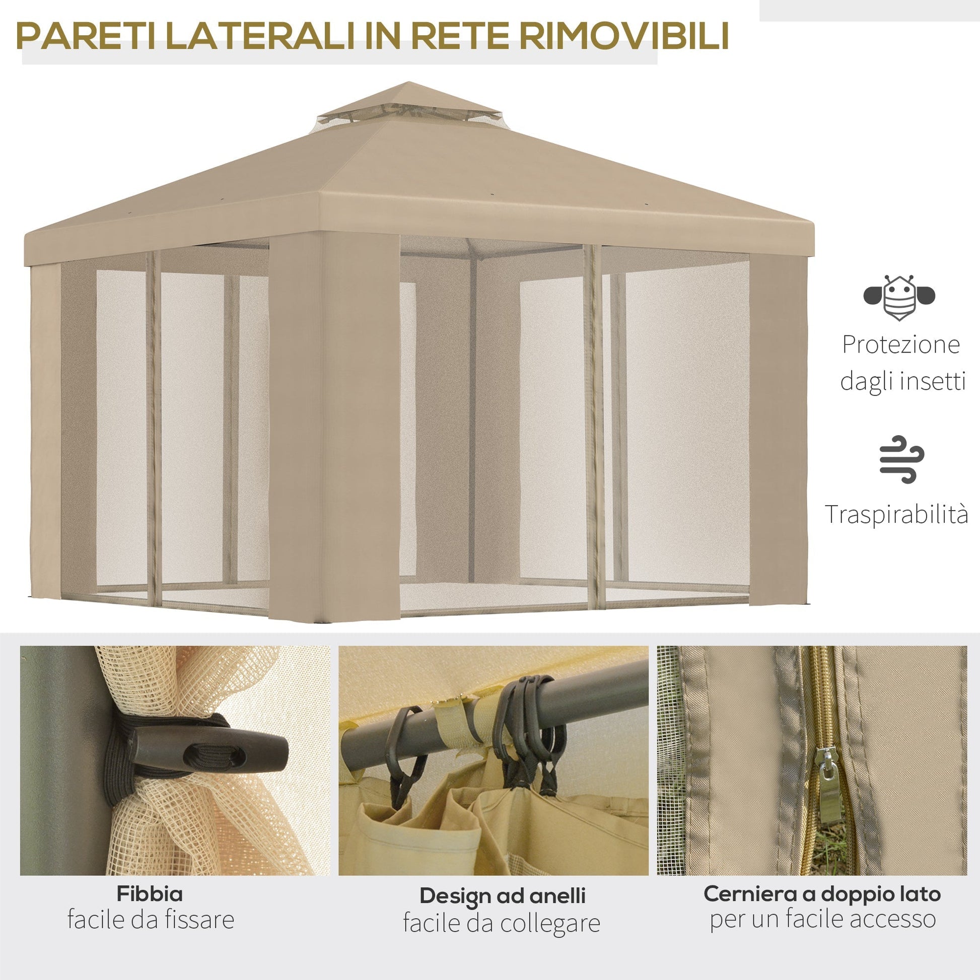 Garden Event Gazebo 3x3m metal with mosquito net and 2 levels in khaki polyester levels - Borgè