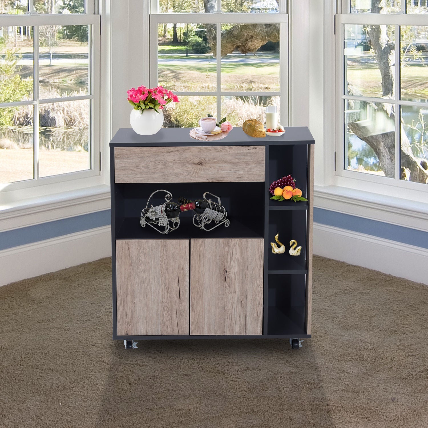 Multiuse wooden kitchen auxiliary cabinet with wheels, 80x39x86.5cm - Borgè