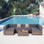 7-Piece Rattan Garden Lounge Set with Coffee Table and Modular Sofa with Cushions, Grey - Borge' Group Limited