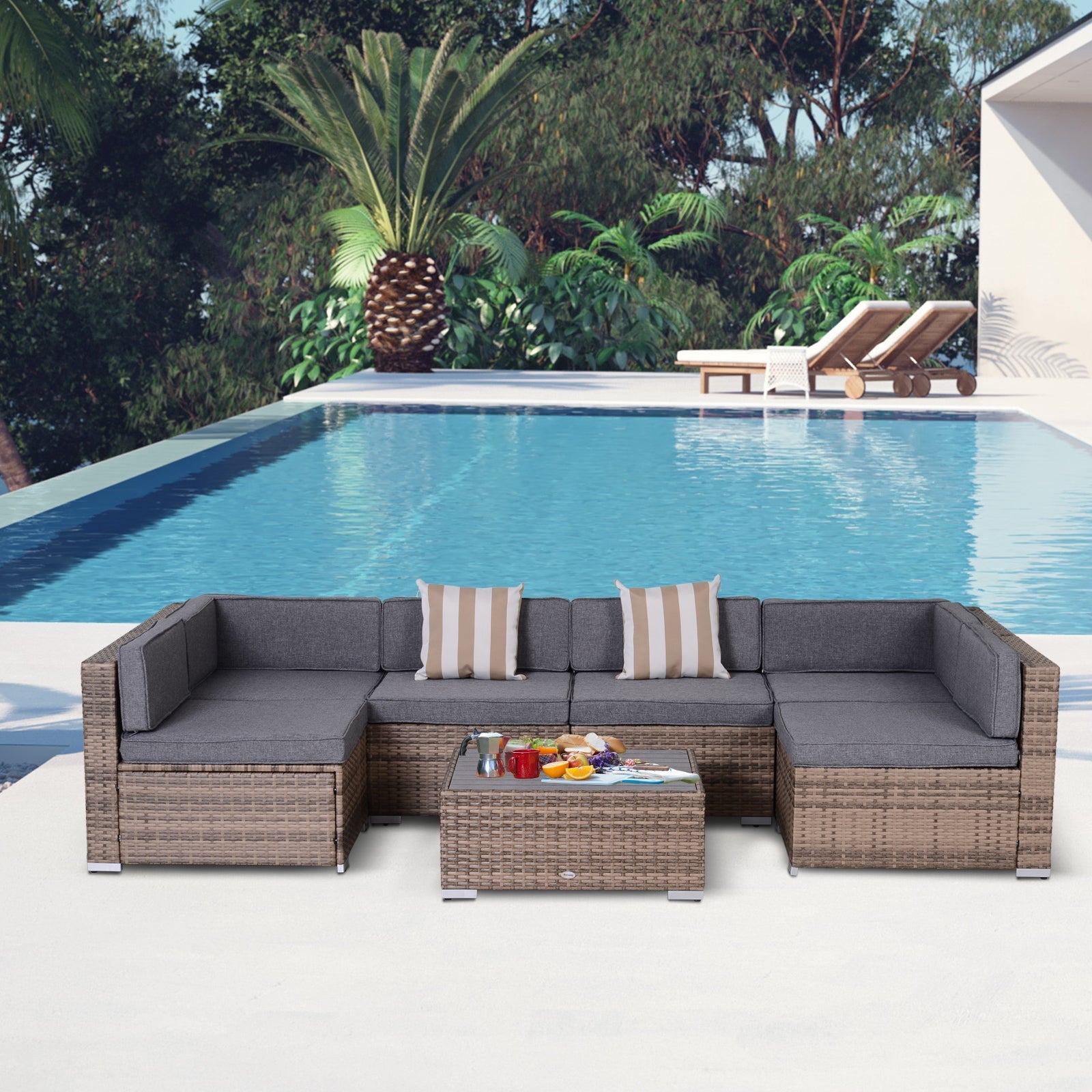 7-Piece Rattan Garden Lounge Set with Coffee Table and Modular Sofa with Cushions, Grey - Borge' Group Limited