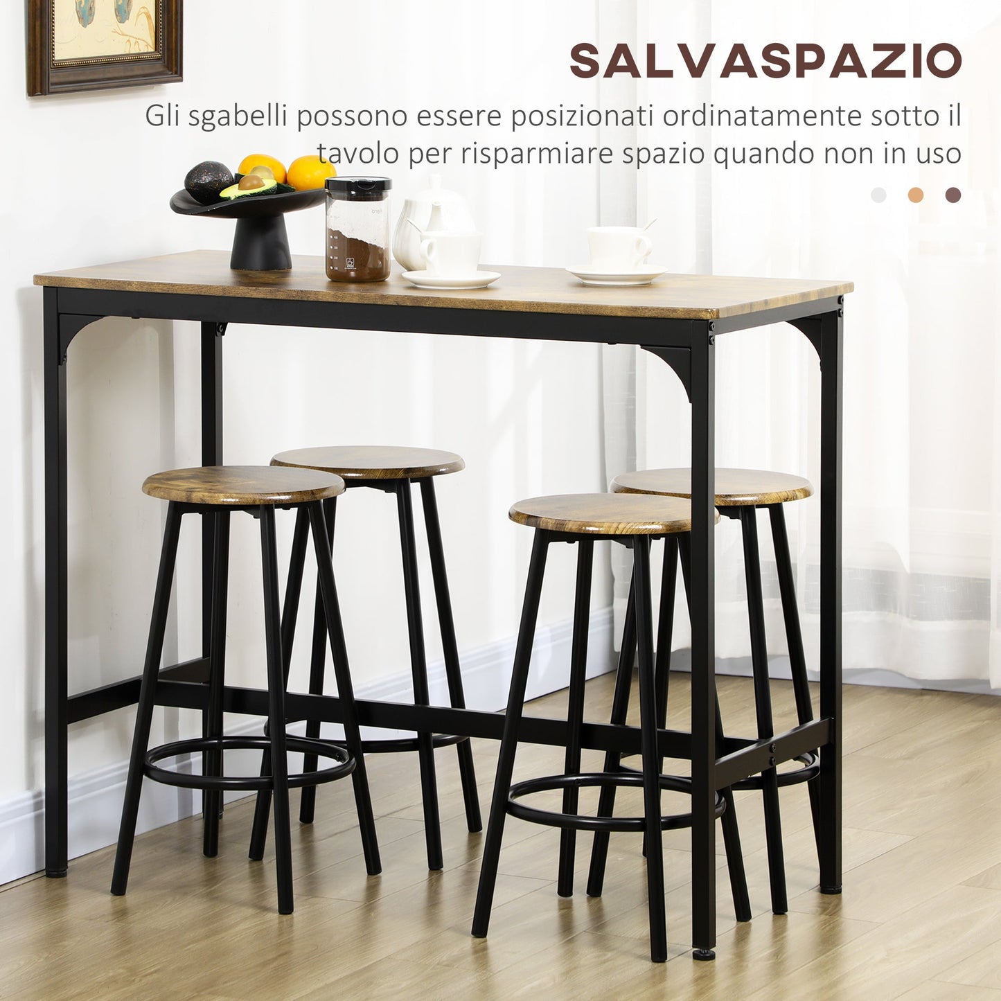 sets from bar 5 pieces with high table and 4 industrial style stools, brown and black - Borgè