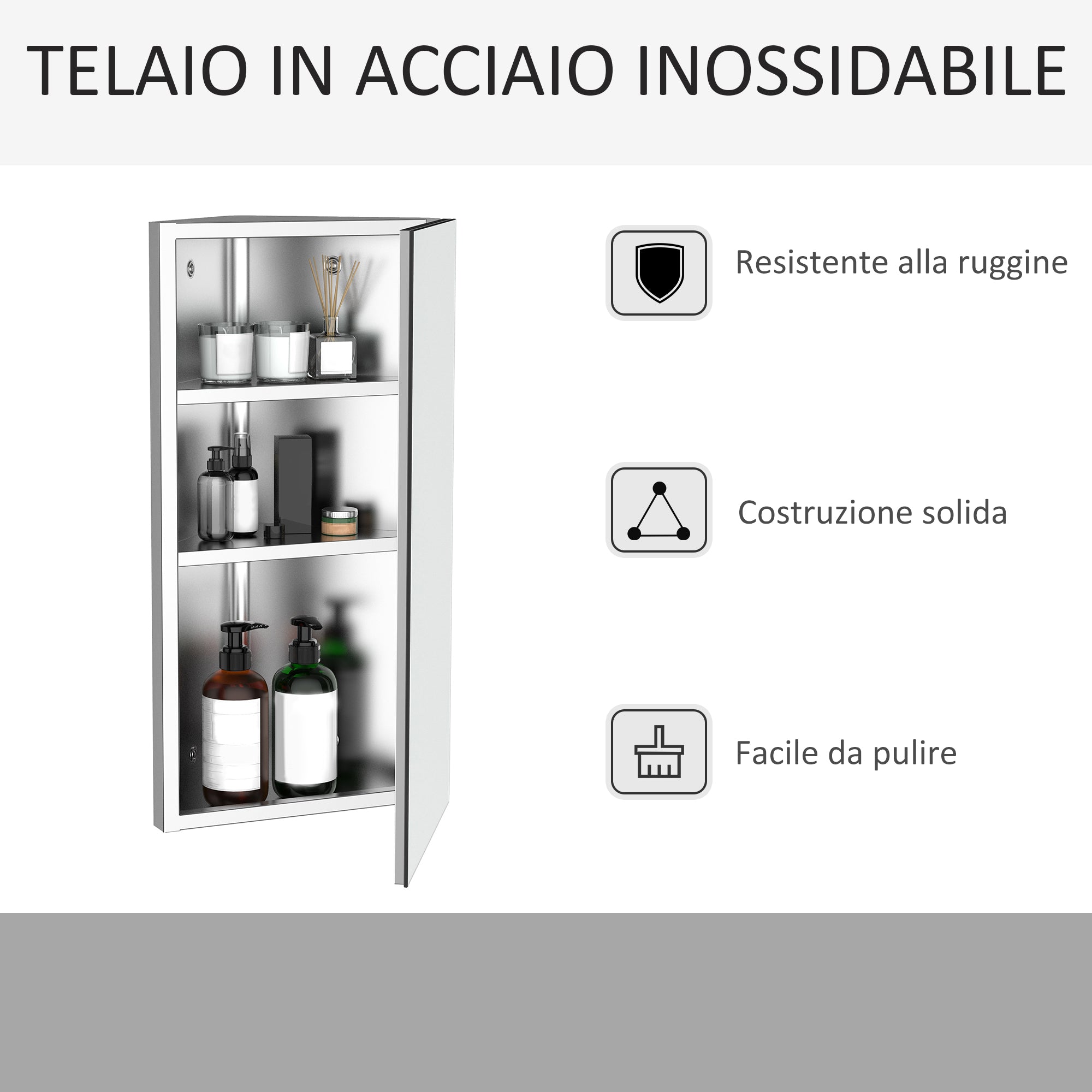 Bathroom Angular Wardrobe in steel with saving mirror 60 x 30 x 18.4cm - Borgè