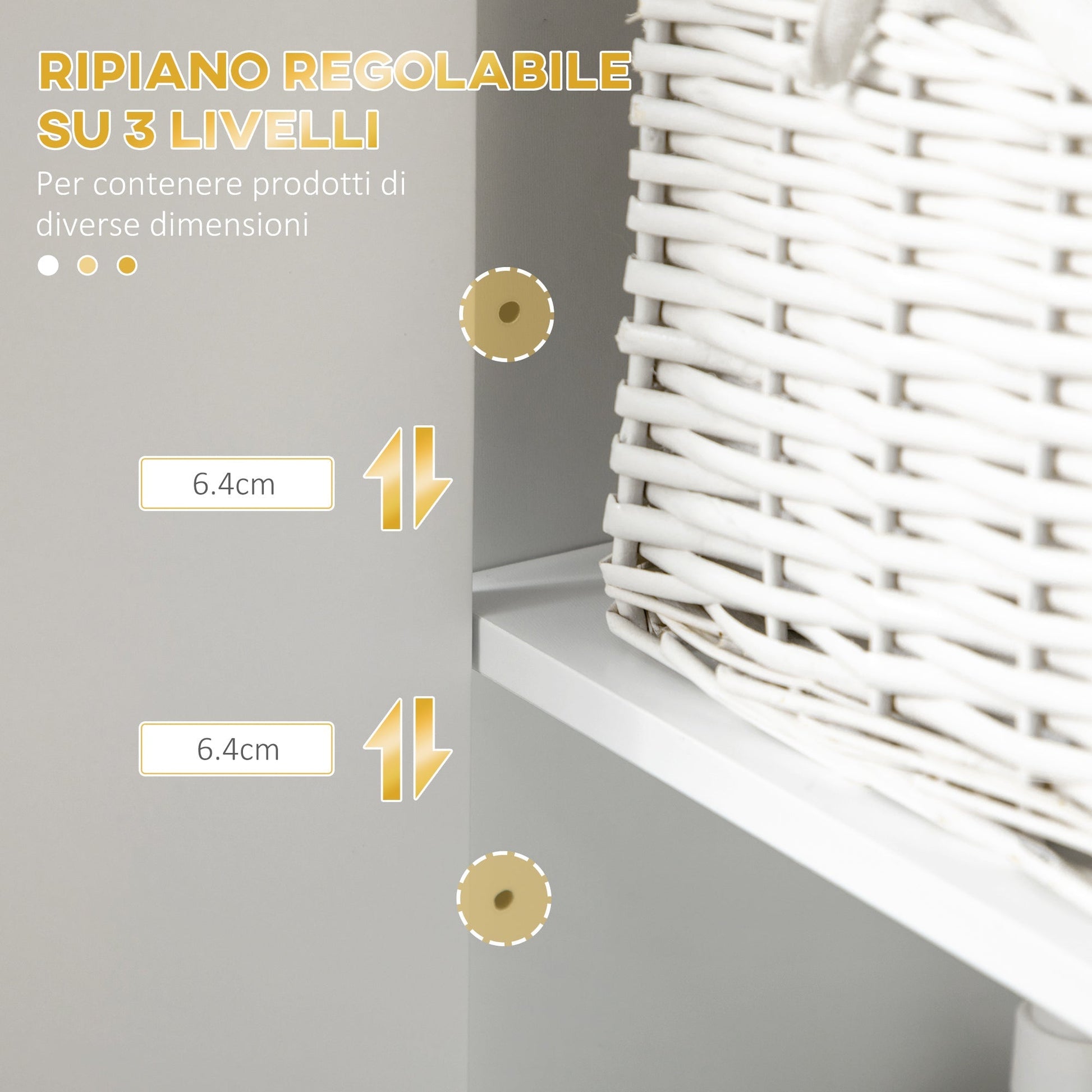 Kleankin Bathroom column with 2 lockers and shelf in mdf and steel, 30x30x170.7cm, white and gold - Borgè