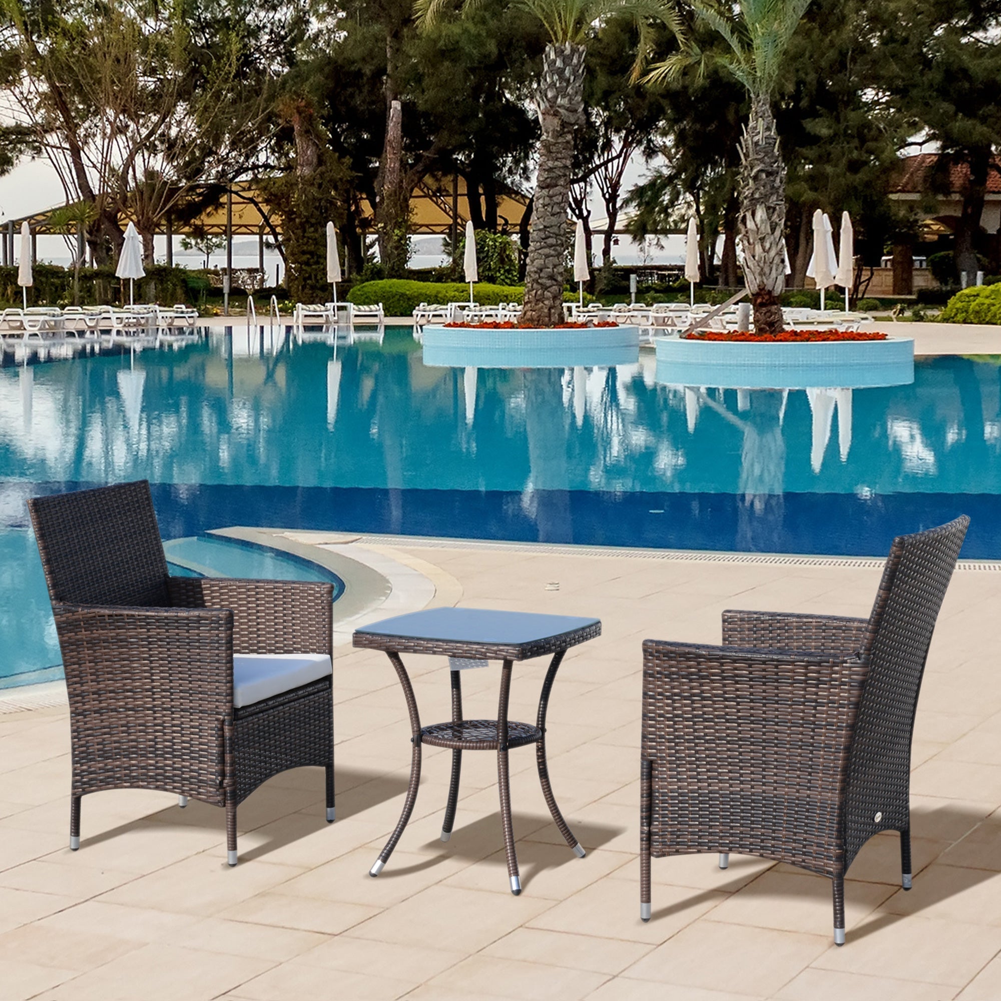 Rattan Garden Furniture Set, 3-Piece Table and 2 Chairs with Cushions, Brown - Borge' Group Limited