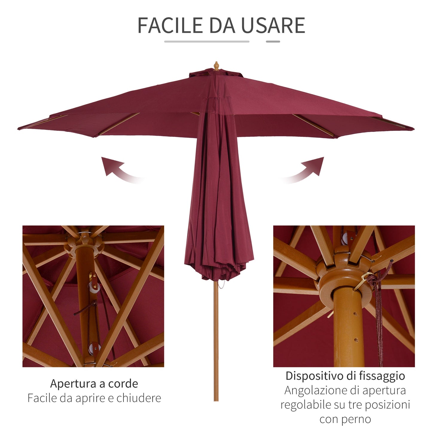 Outsunny umbrella garden parasol with double bamboo roof and polyester, red φ3x2.5m - Borgè