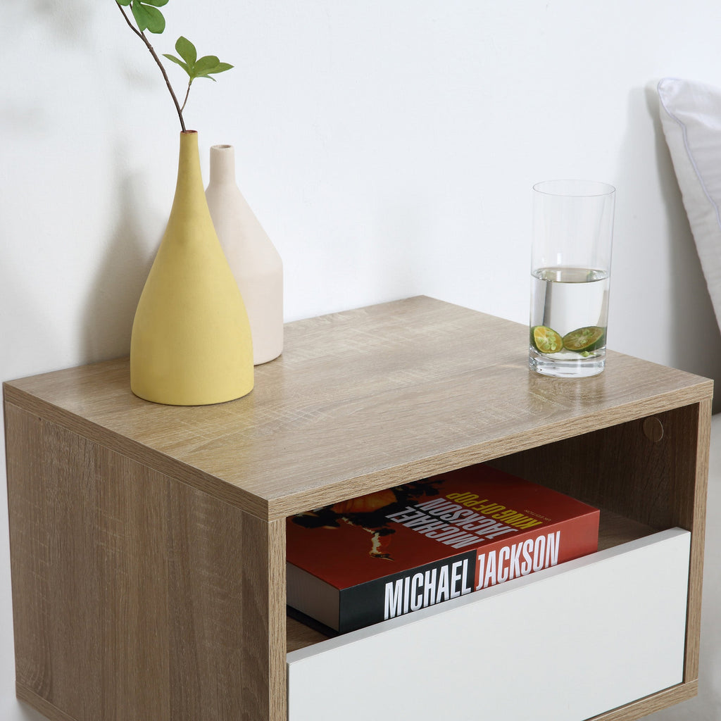 Set 2 Bedside tables suspended with drawer and shelf 45x35x27.5cm - White and wooden color - Borgè