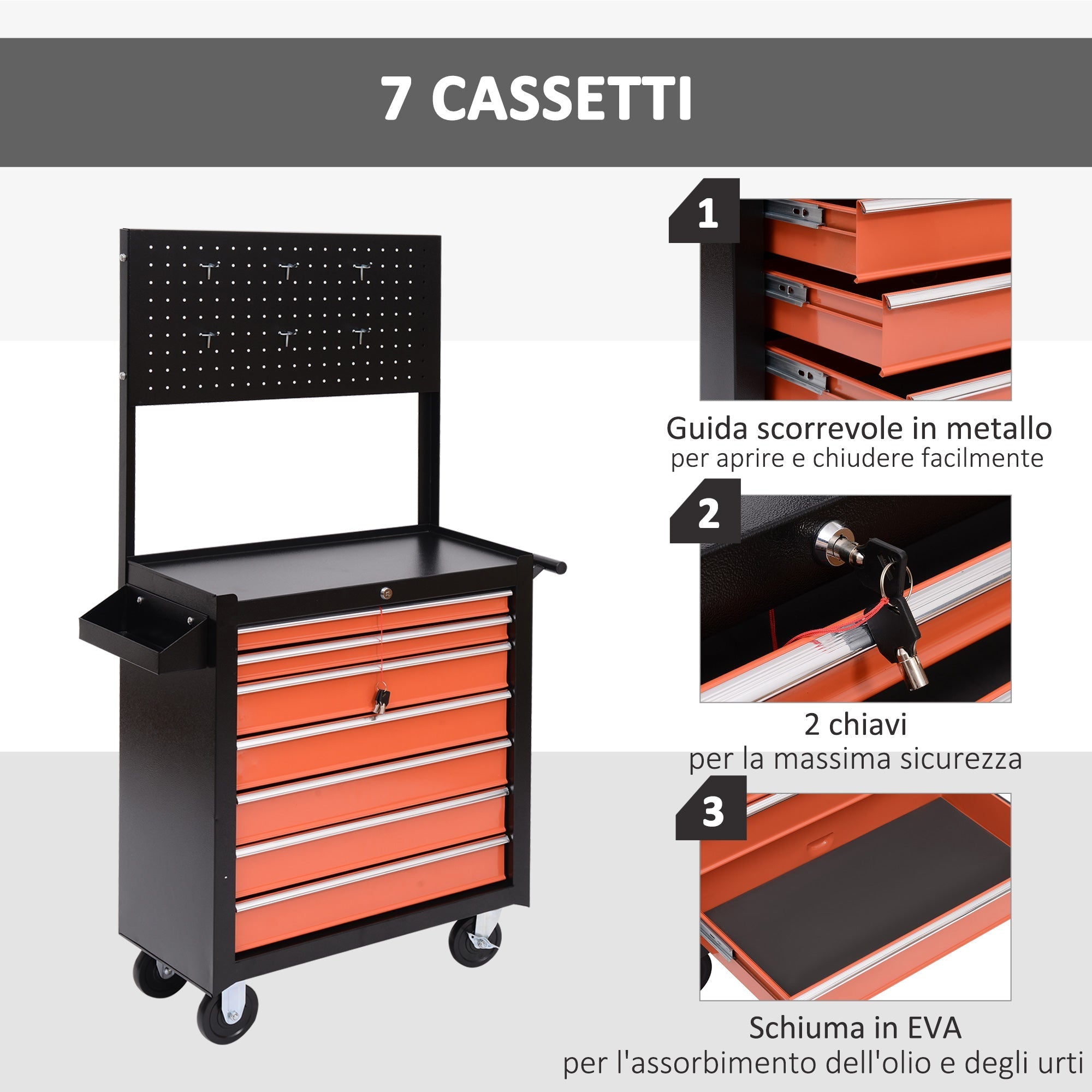 Homcom Tools Trolley Tools with chest of drawers, black and orange, 61.5x33x76cm - Borgè
