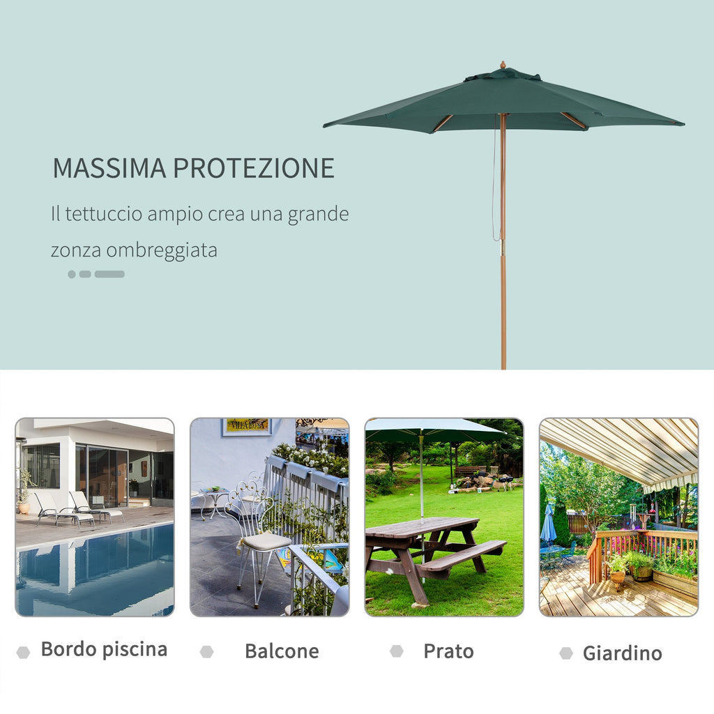 2.5x2.3m 6-Ribbed Garden Umbrella, Wood and Polyester, Dark Green - Borge' Group Limited