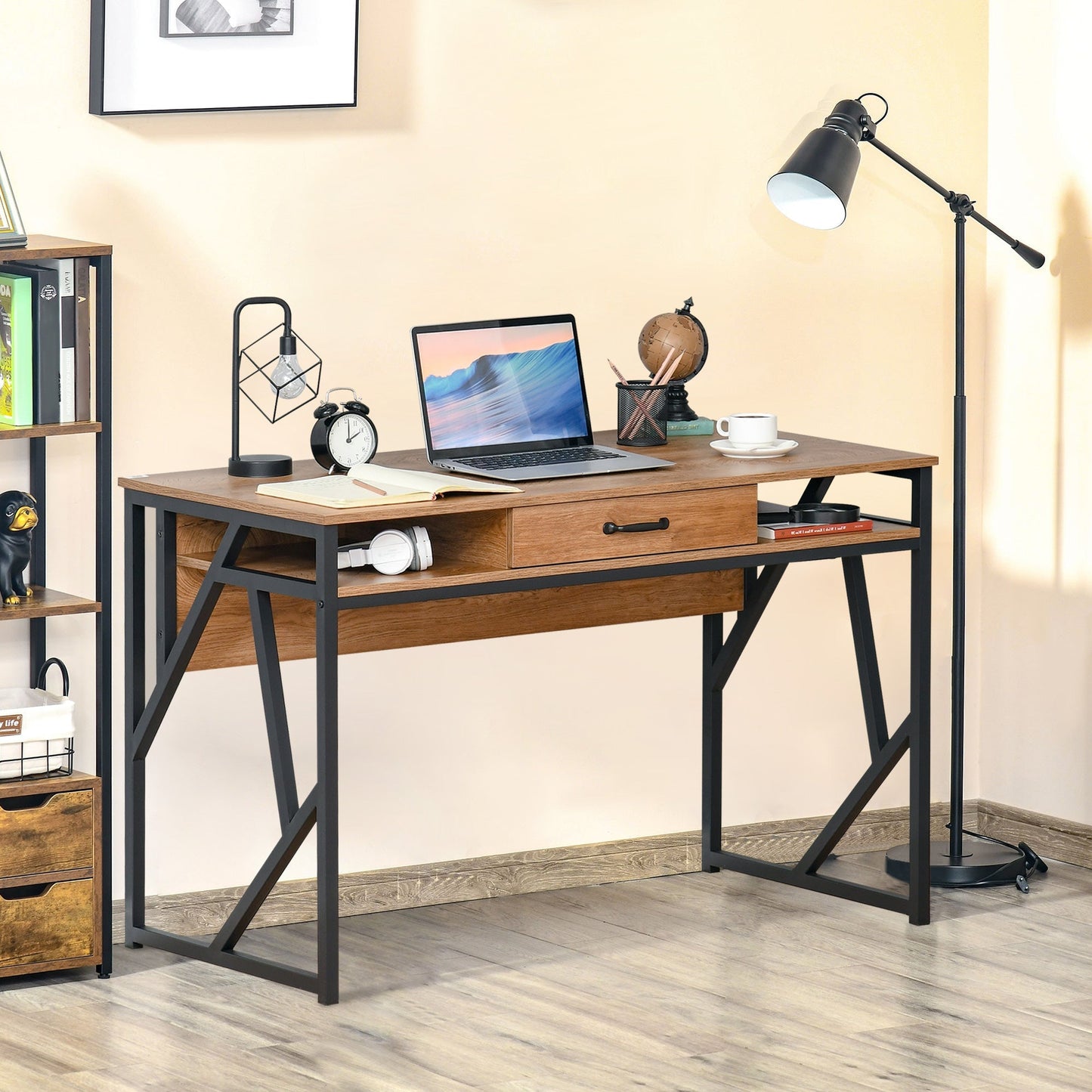 Homcom metal desk and industrial style mdf with shelves and drawer, 120x60x76cm black brown - Borgè