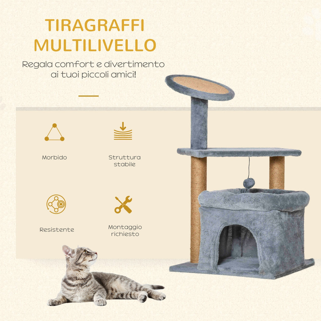Cat Tree for cats with Scratch Pole and house, height 84cm - Grey - Borge' Group Limited